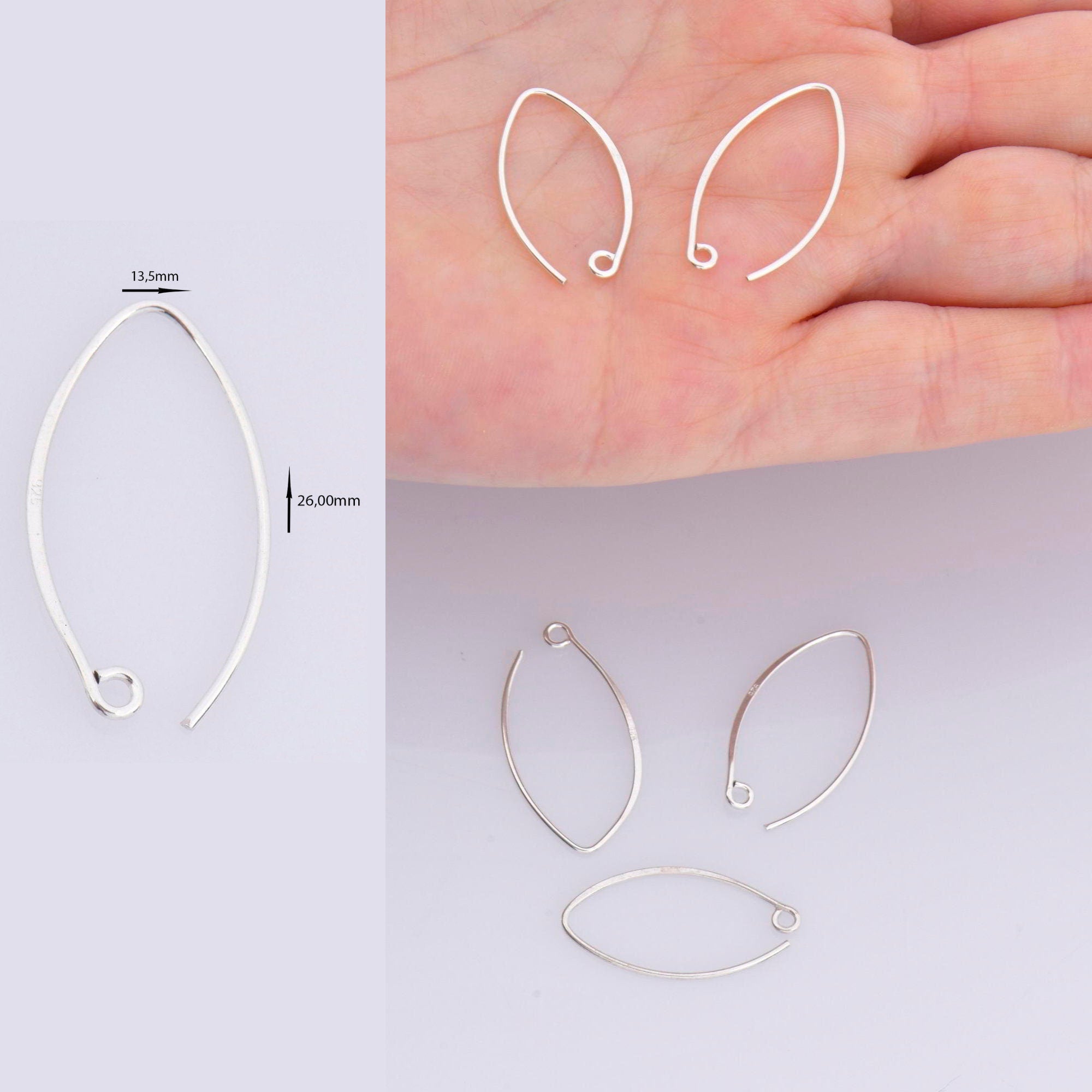 925 Sterling Silver 26 mm V Shape Ear Wires, Solid Silver Earring Hooks, V Ear Wires with Open Loop, Earrings Making Supply,M49A