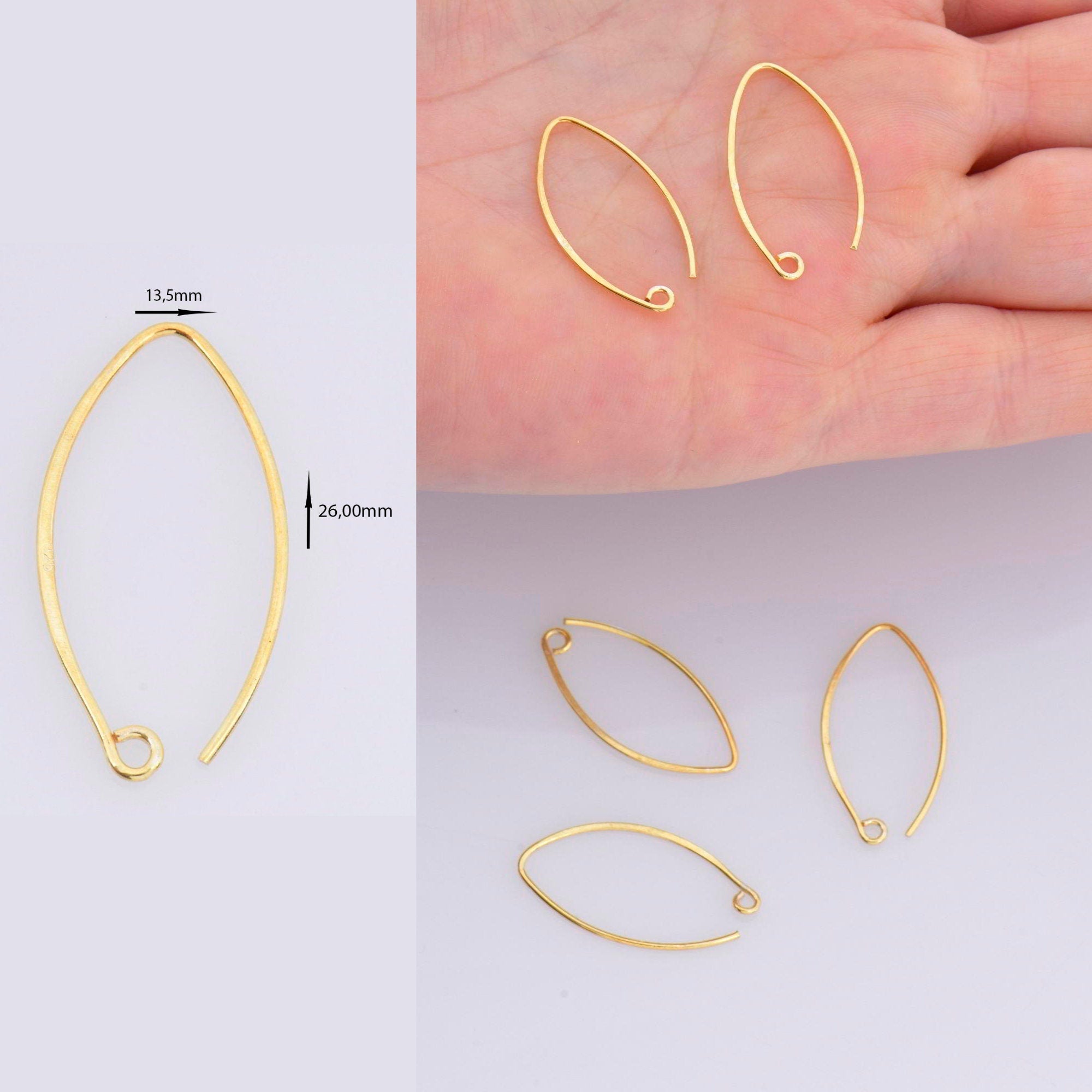 24K Gold Vermeil &amp; 925 Sterling Silver 26 mm V Shape Ear Wires w Open Loop, Earring Hooks, Earring Making Supply, Findings, M/VM49A