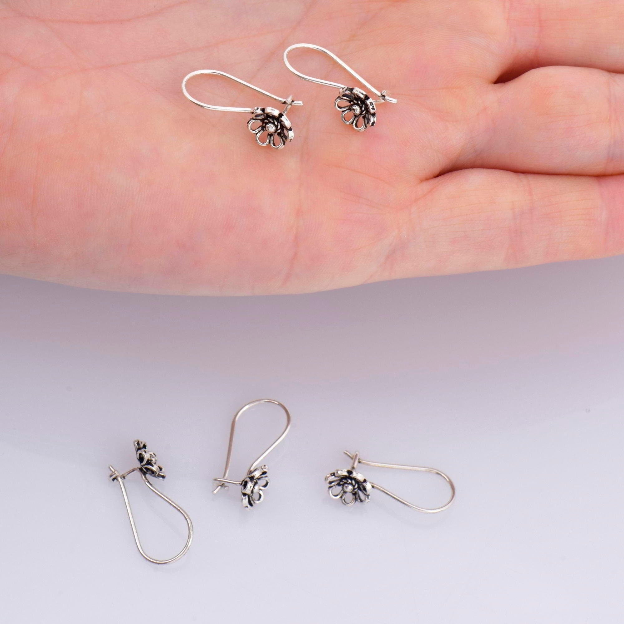 925 Sterling Silver Flower Ear Wires, Solid Silver Earring Hooks, Oxidized Silver Ear Wires, Earrings Making Supply, Jewelry Findings, M44