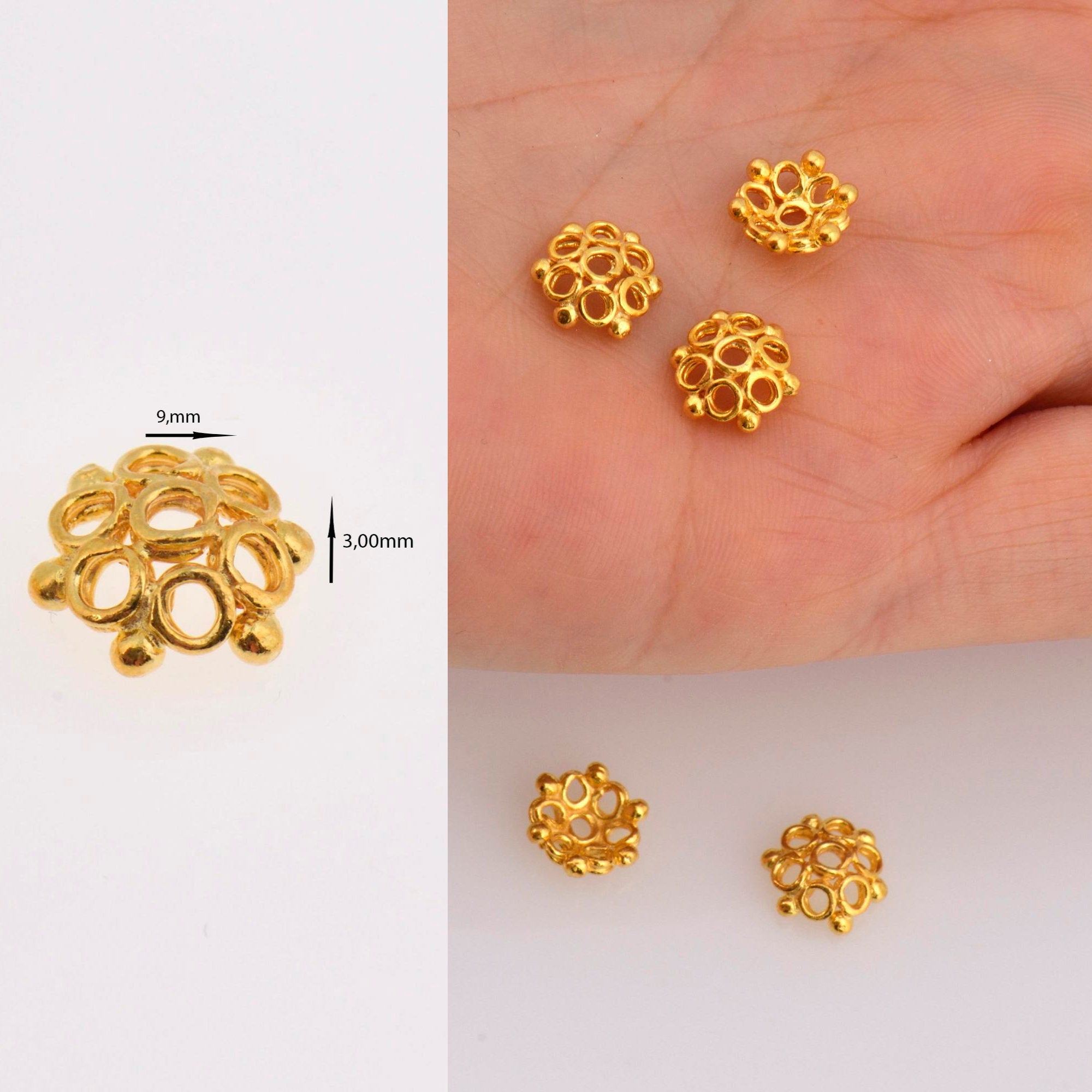 24K Gold Vermeil 8-9mm Flower Bead Caps, Gold Plated Bead Caps, 925 Solid Silver Bead Caps in Gold, Spacer Bead Caps, Jewelry Making, VM6A-B