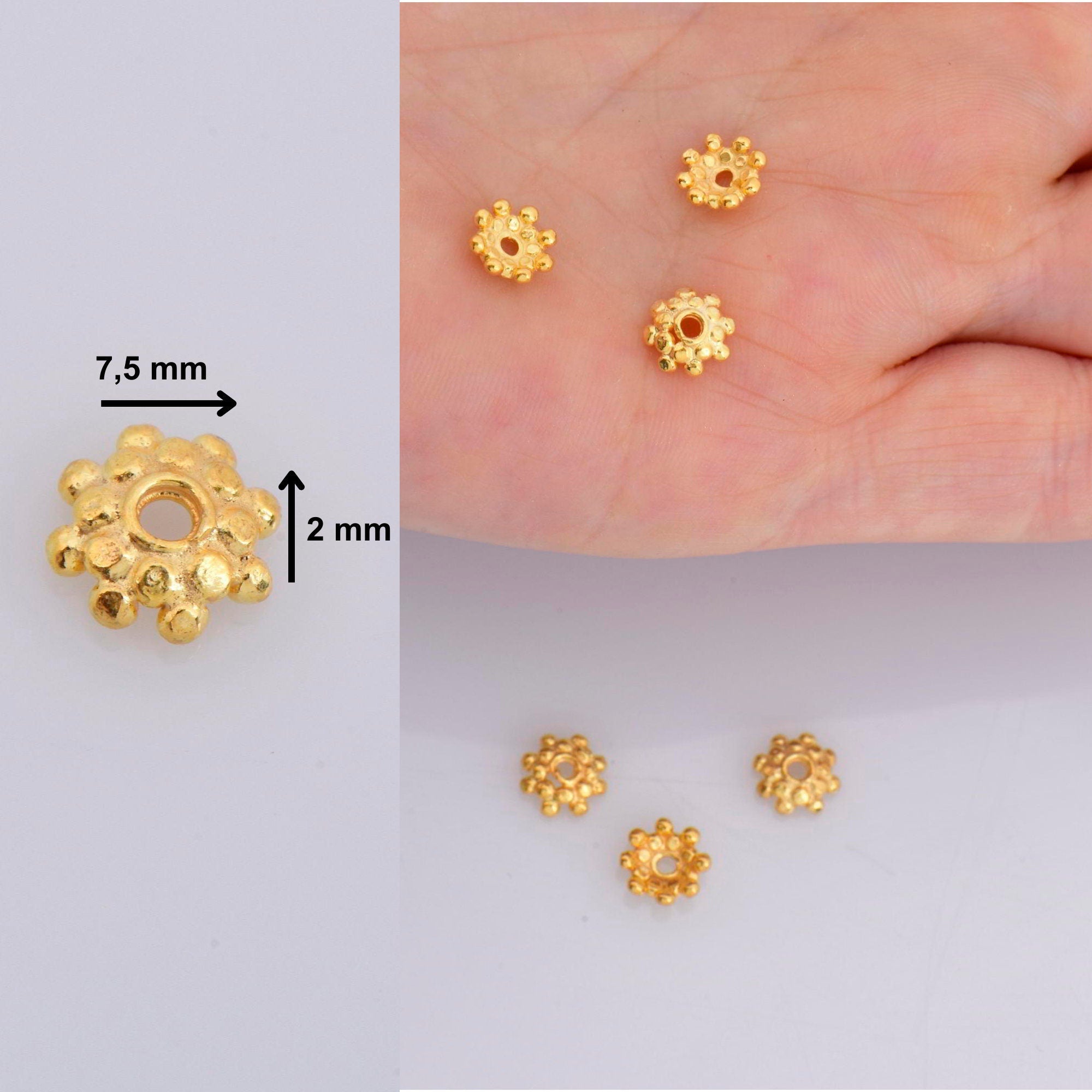 925 Sterling Silver &amp; 24K Gold Vermeil 7.5mm Bead Caps, Gold Bead Caps, Solid Silver Bead Caps in Gold, Jewelry Spacer Bead Caps, VM7-M7