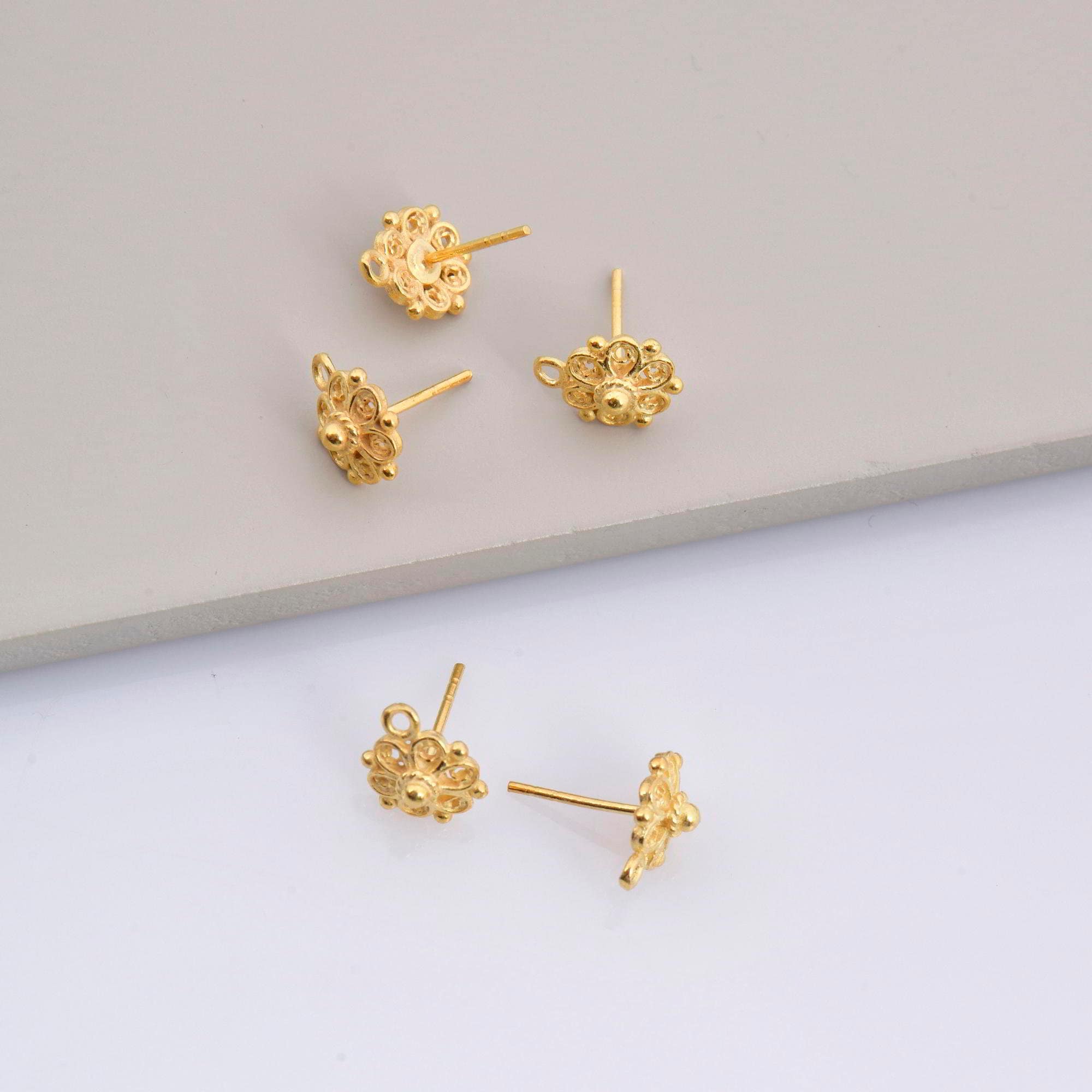 24K Gold Vermeil and 925 Silver Flower Ear Post, Flower Earring Studs with Loop, Gold Plated Earring Posts, Jewelry Making Findings, MV/M50