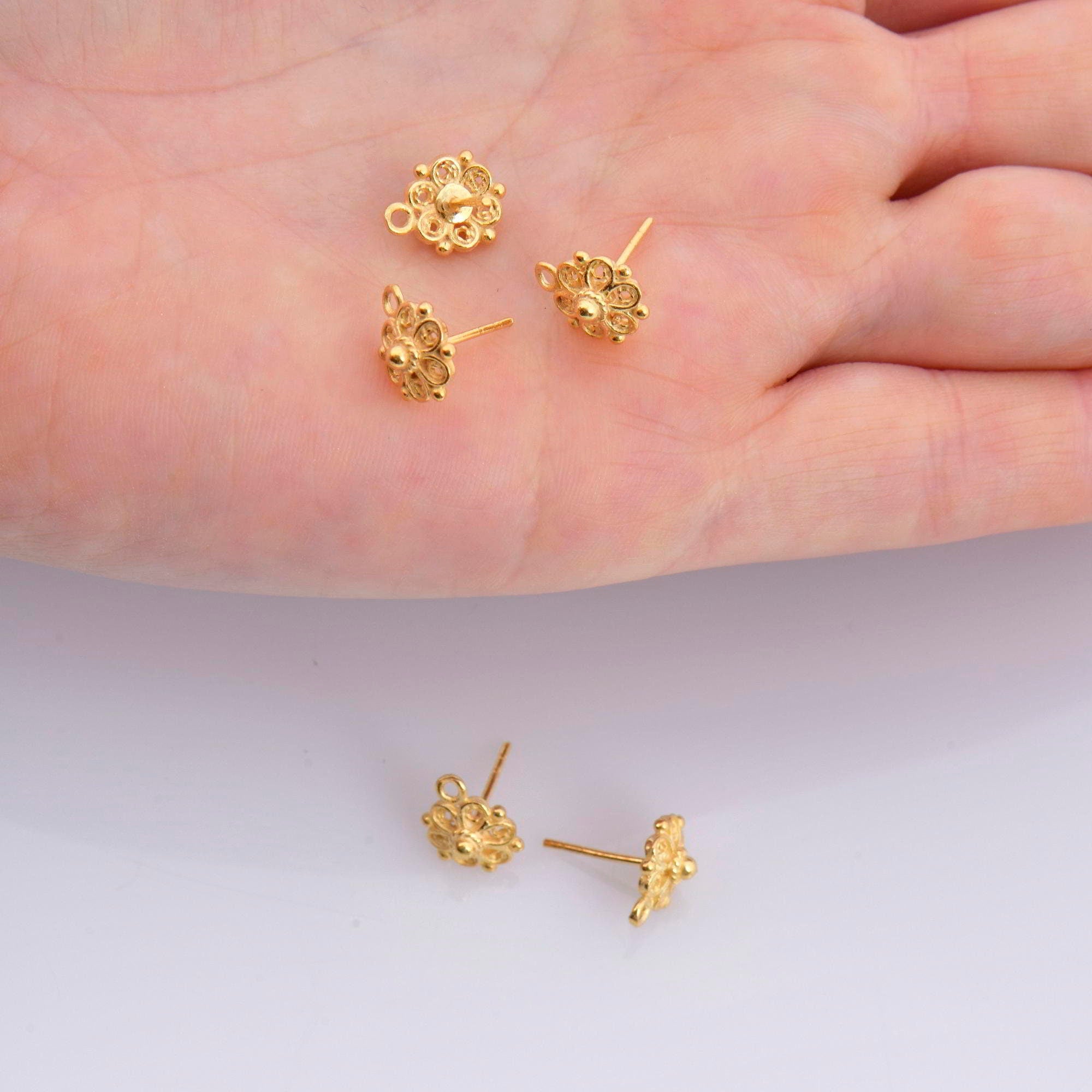 24K Gold Vermeil Flower Ear Post, 925 Solid Silver Flower Earring Studs with Loop, Gold Plated Earring Posts, Jewelry Making Findings, VM50