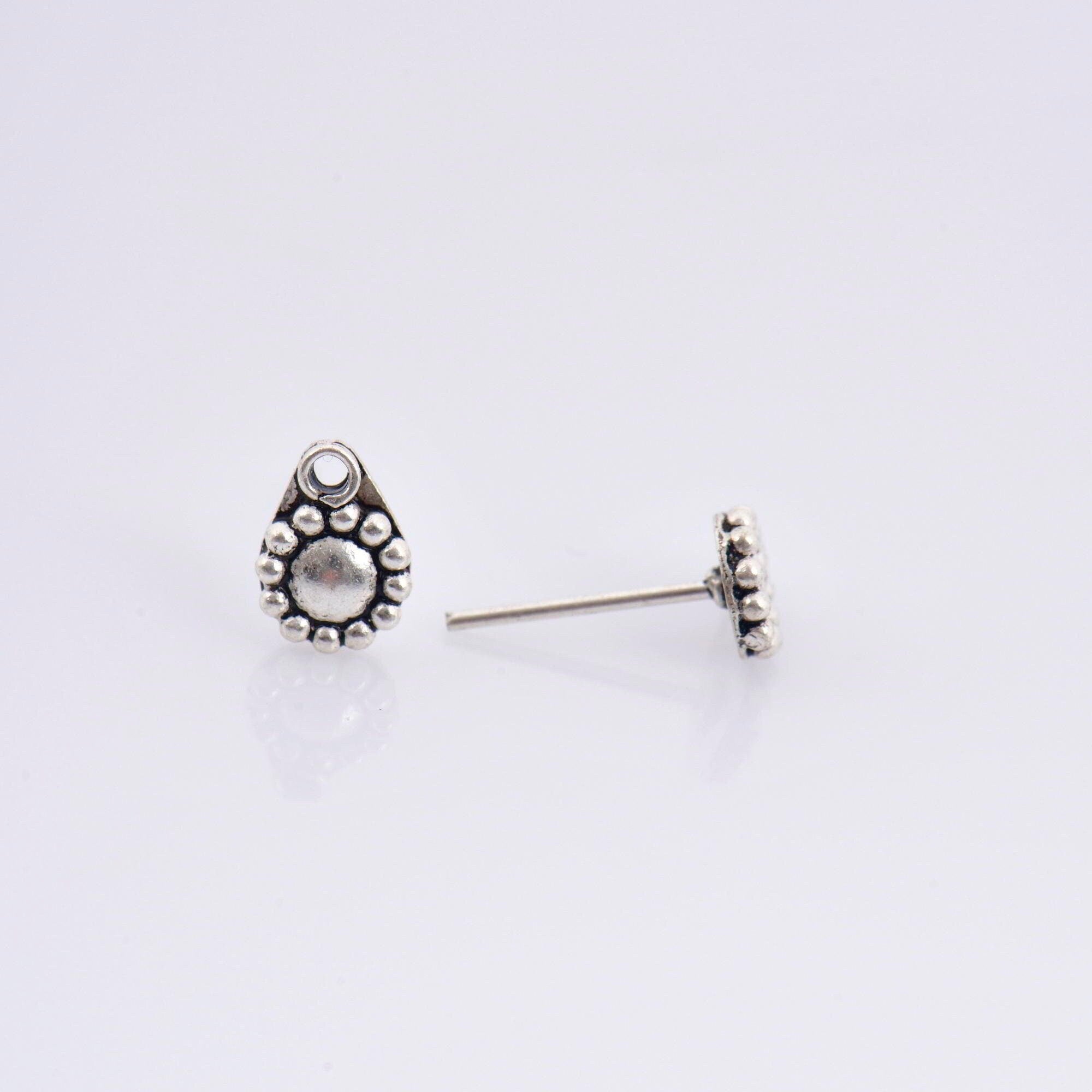 925 Sterling Silver Flower Ear Post, Antique Silver Flower Earring Studs with Loop, Solid Silver Earring Posts, Jewelry Making Findings, M52
