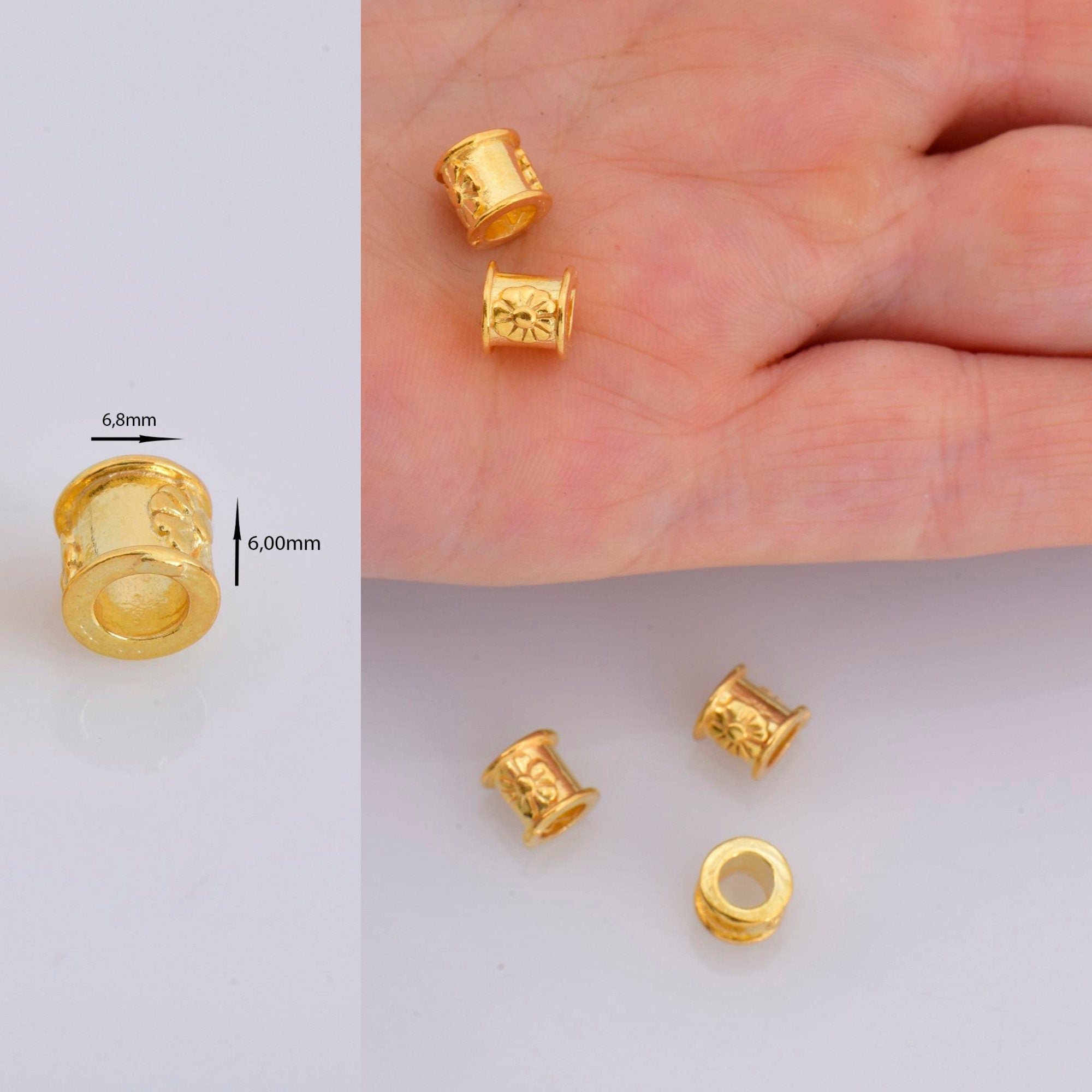24K Gold Vermeil &amp; 925 Silver Flower Tube Beads, Gold Plated Tube Beads, Spacer Tube Beads, Silver Tube Beads, Jewelry Making, M/VM22