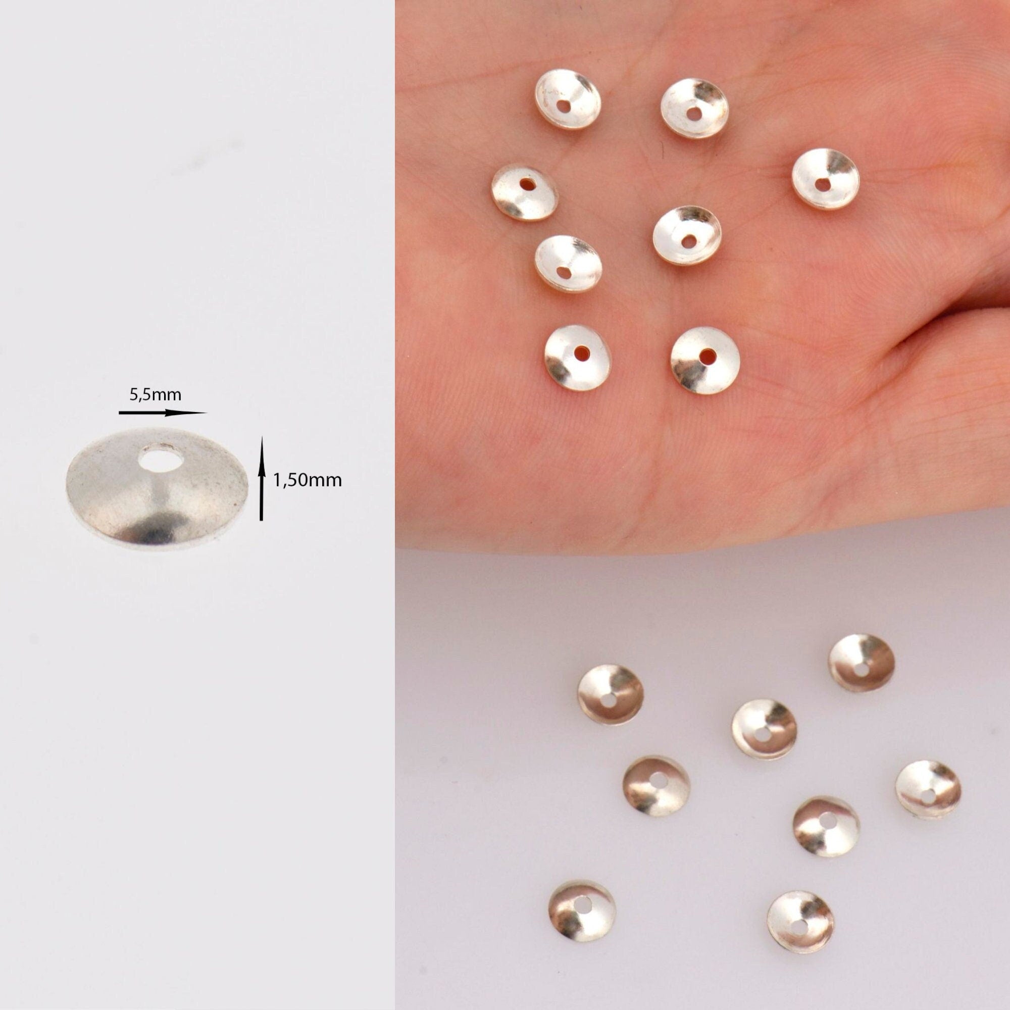 925 Sterling Silver &amp; 24K Gold Vermeil Plain Round Bead Caps, Shiny Round Bead Caps, Round Spacer Bead Caps, Jewelry Making, V/M15A-B-C