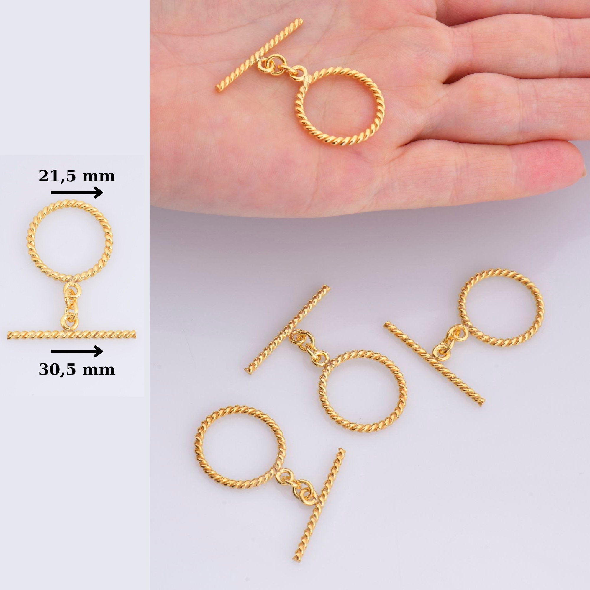 24K Gold Vermeil Twisted Toggle Clasps, 925 Silver Twisted Rope Design Toggle Clasp Set, Toggle Clasps, Jewelry Supplies, Findings, VM62C