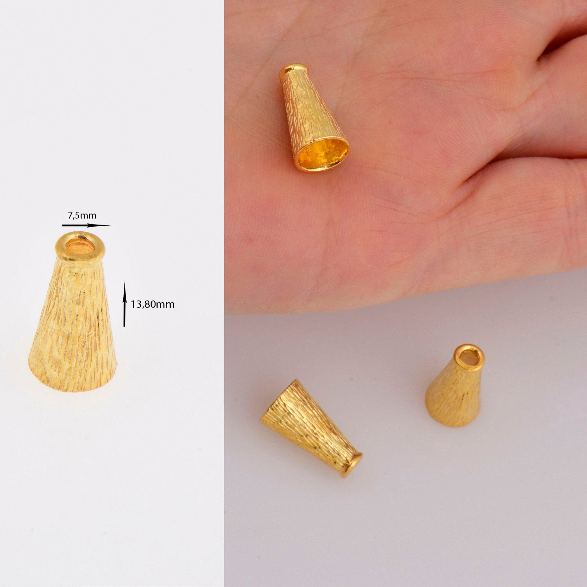 24K Gold Vermeil Cone Shape Beads, 24K Gold Plated Cone Bead Caps, 925 Silver End Bead Cones, Pyramid Bead Caps, Jewelry Findings, VM29C