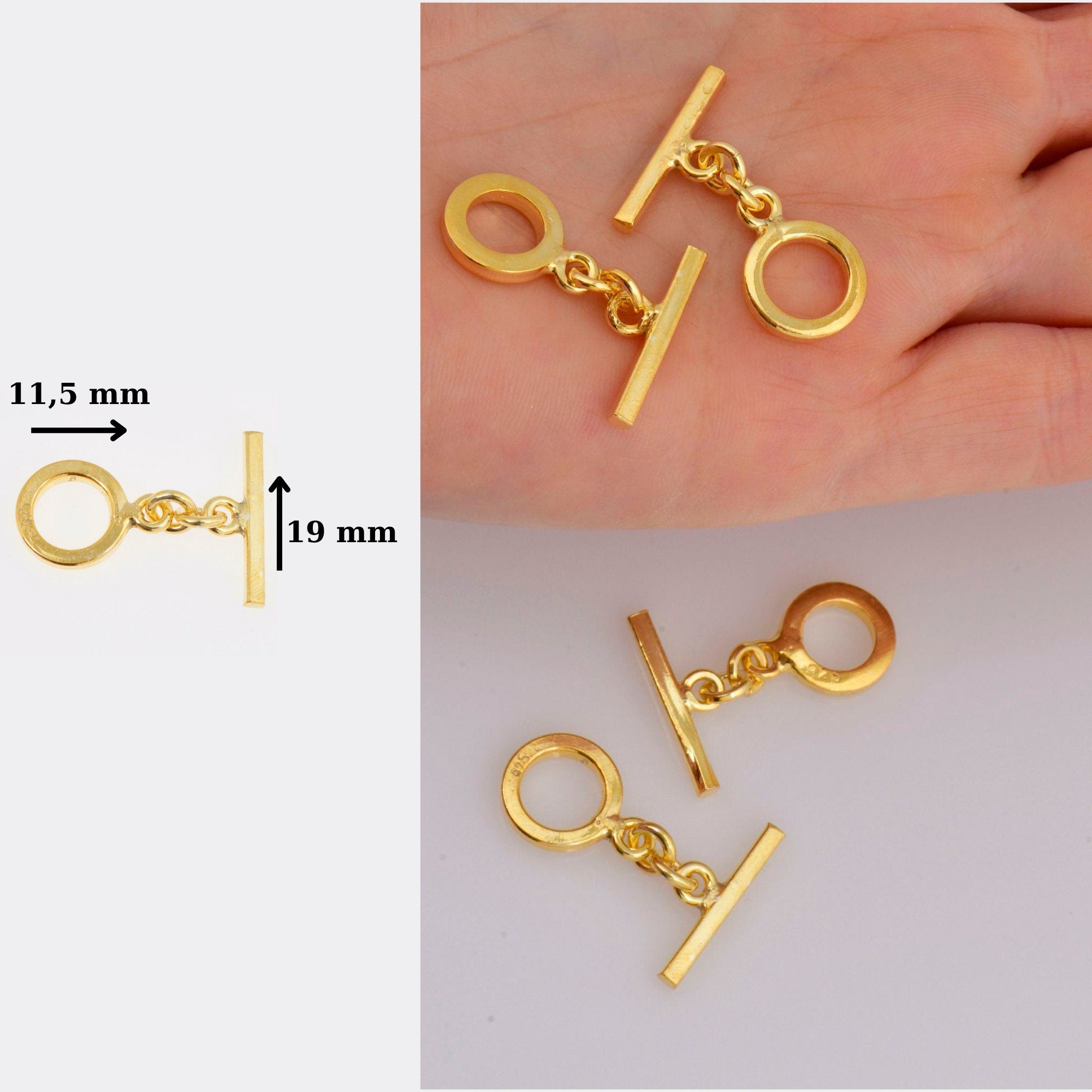 24K Gold Vermeil Toggle Clasps, 925 Solid Silver Toggle Clasp, Gold Plated Plain Toggle Clasp Set, Jewelry Supply, Jewelry Findings, VM58A
