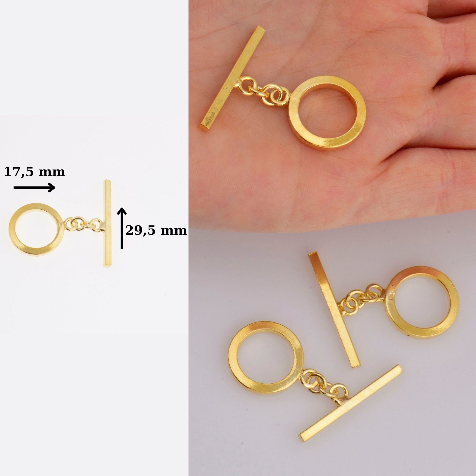 24K Gold Vermeil Toggle Clasps, 925 Solid Silver Toggle Clasp, Gold Plated Plain Toggle Clasp Set, Jewelry Supply, Jewelry Findings, VM58A-C