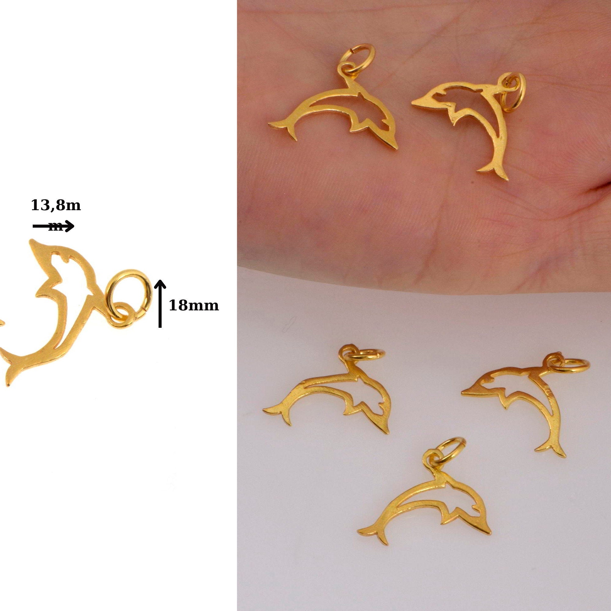 24K Gold Vermeil Dolphin Dangle Charm, 925 Sterling Silver Fish Dangle Charm, Necklace Dangle Charm, Earrings, Jewelry Findings, S11V