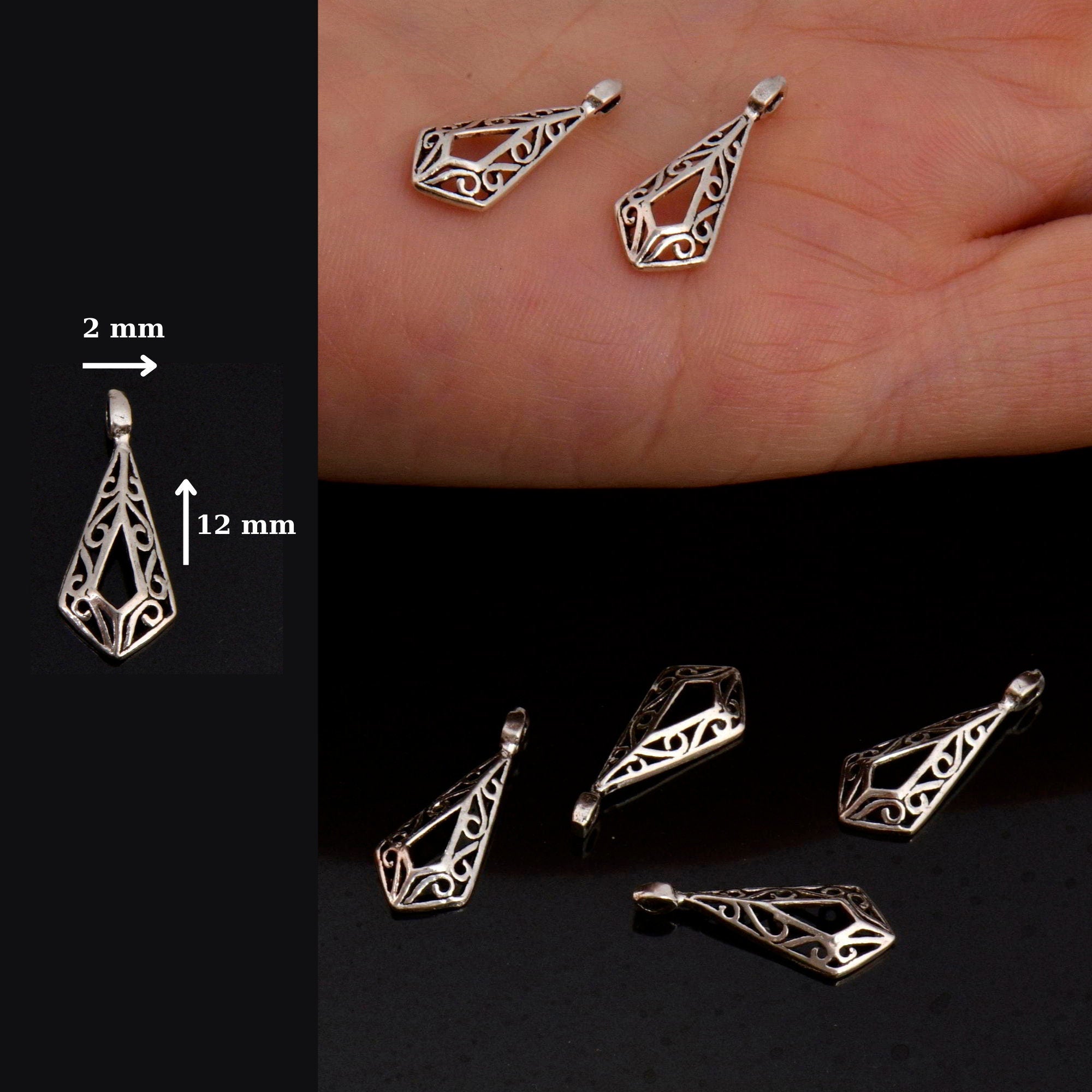 925 Sterling Silver &amp; 24K Gold Vermeil Filigree Dangle Charm, Rhombus Dangle Charm, Necklace Dangle Charm, Earrings Dangle Charm, S13V\S13