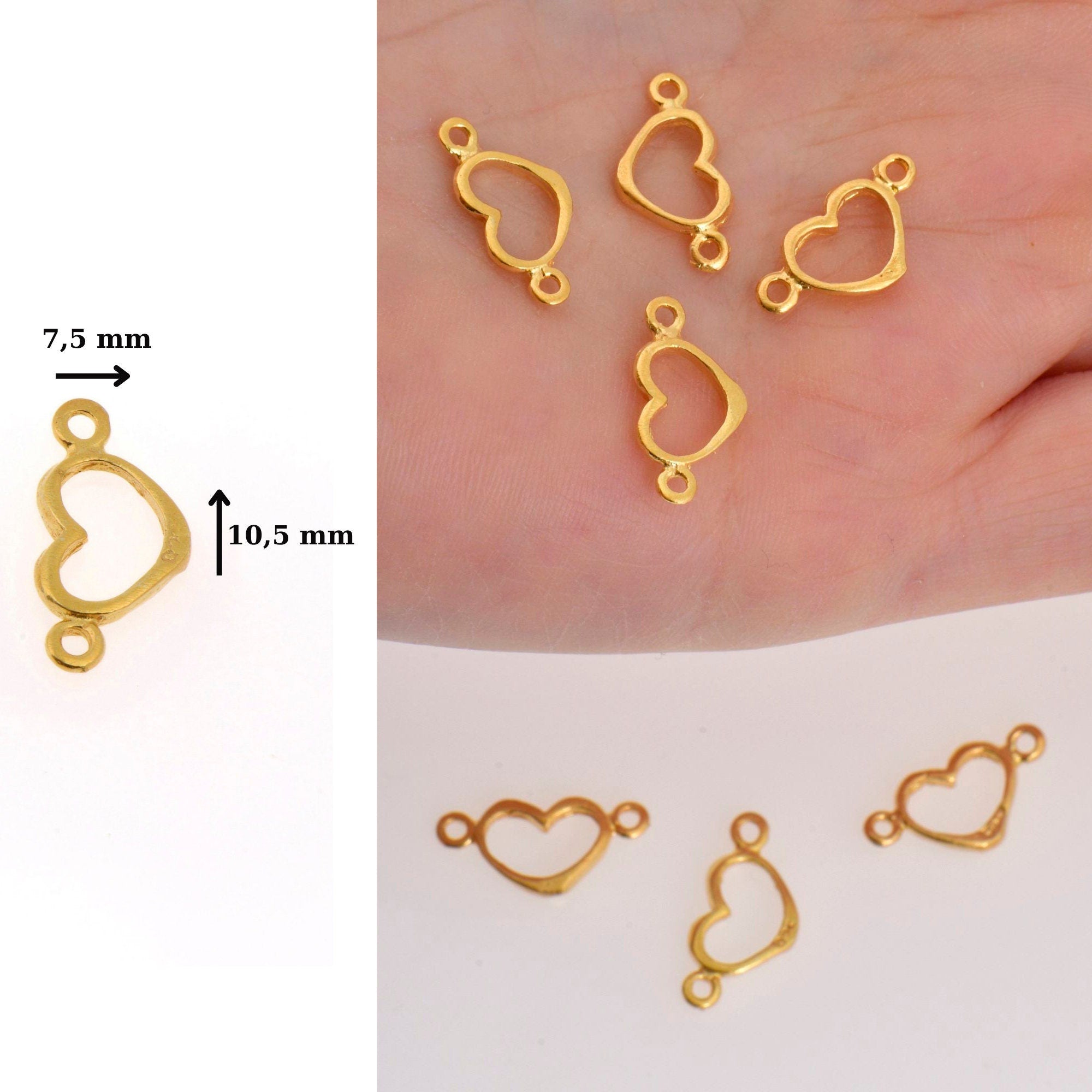 925 Sterling Silver &amp; 24K Gold Vermeil Heart Connector Charms, Heart Shape Connector, Love Connector Charm, Jewelry Making, S19V/S19