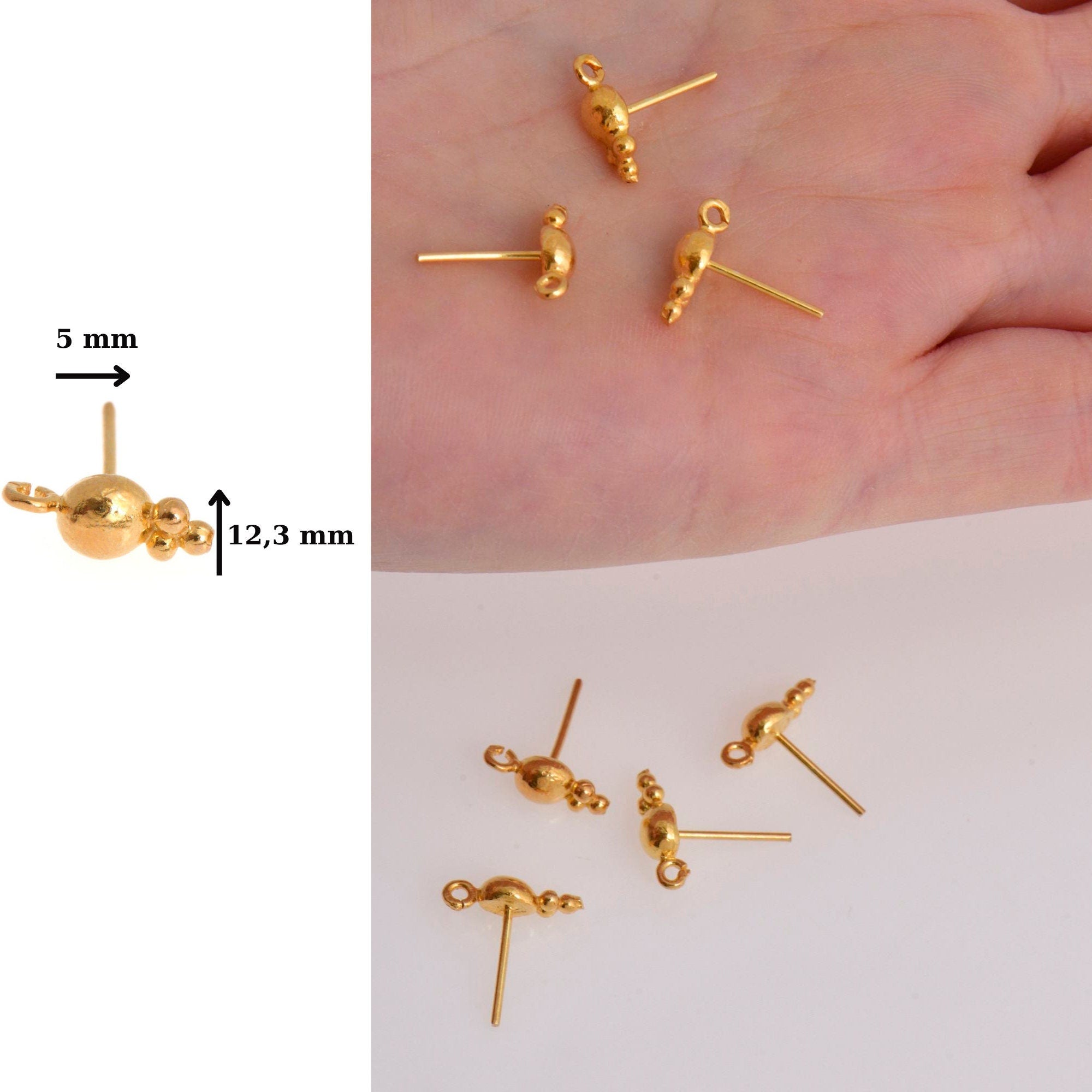24K Gold Vermeil Ball Ear Post, Round Ball Ear Posts with Loop, 925 Solid Silver Ball Shape Earring Posts, Jewelry Making Findings, S17V