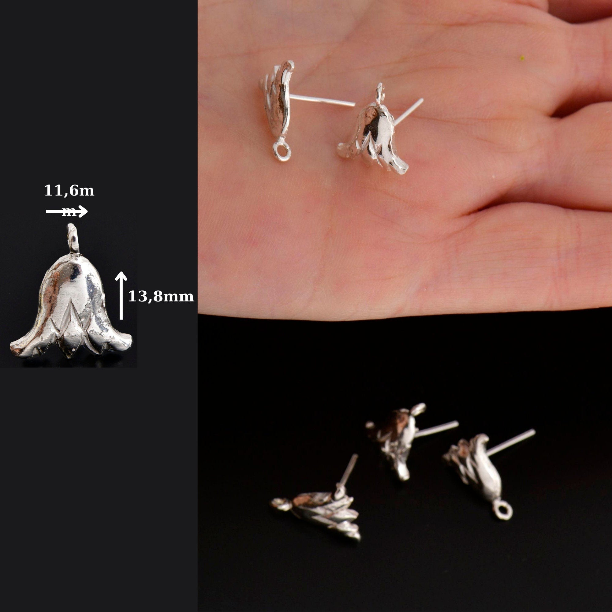 925 Sterling Silver Flower Earring Posts, Solid Silver Tulip Stud Earrings With Loop, Earring Stud Components, Jewelry Making Findings, S22