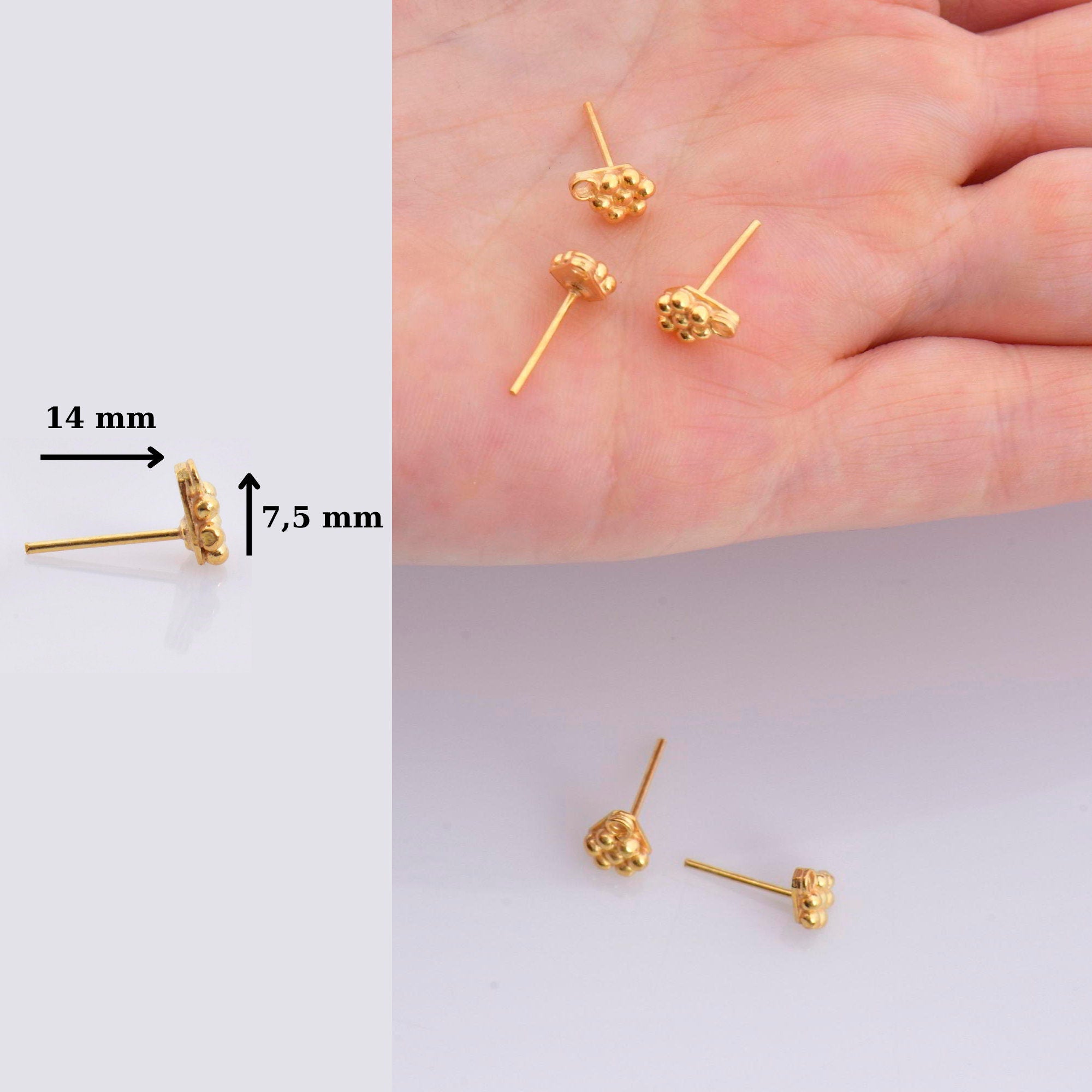 24K Gold Vermeil Flower Ear Post, 925 Solid Silver Flower Earring Studs with Loop, Gold Plated Earring Posts, Jewelry Making Findings, VM51