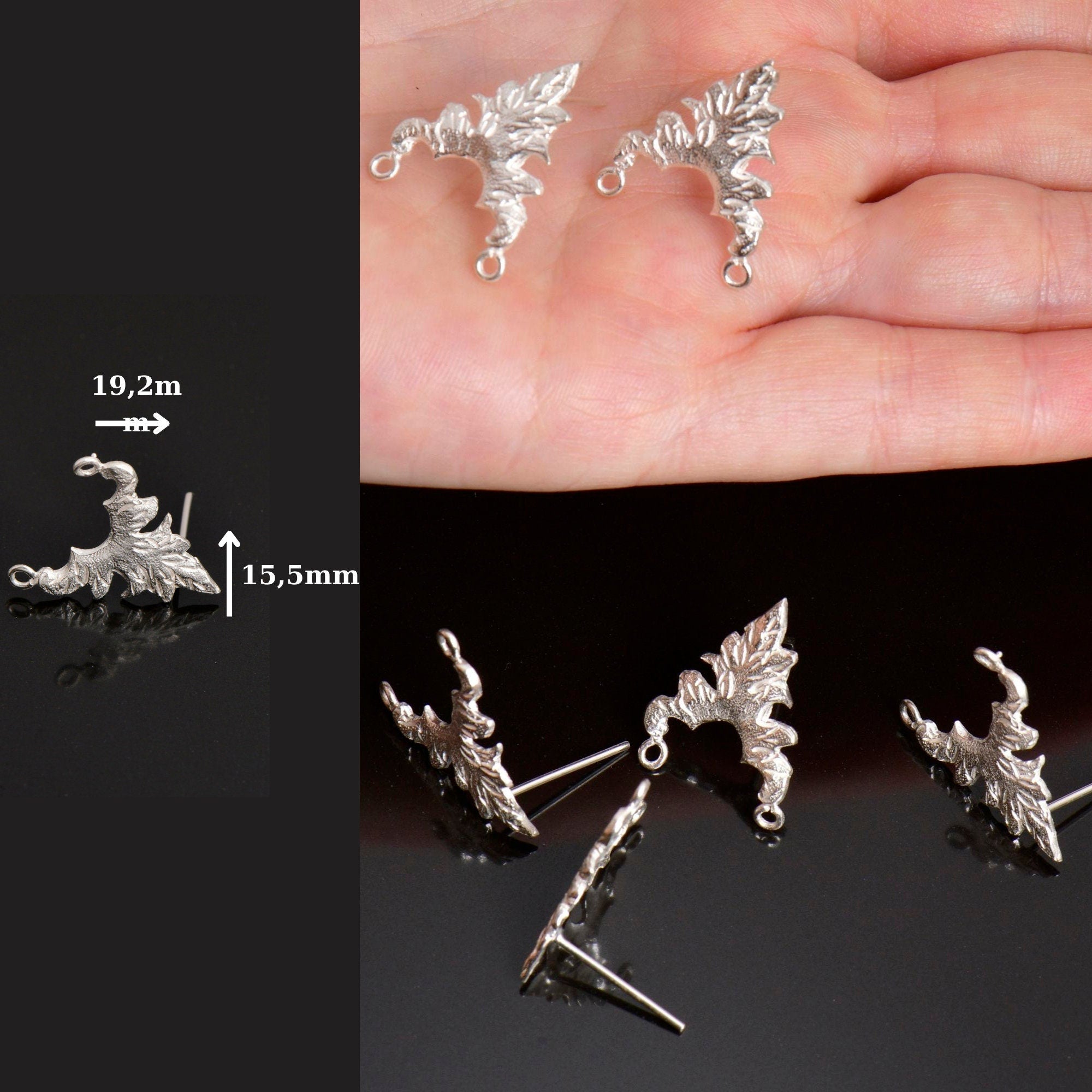 24K Gold Vermeil &amp; 925 Silver Flower Earring Posts, Silver Leaf Stud Earrings with Hoops, Jewelry Making Findings, S42V/S42