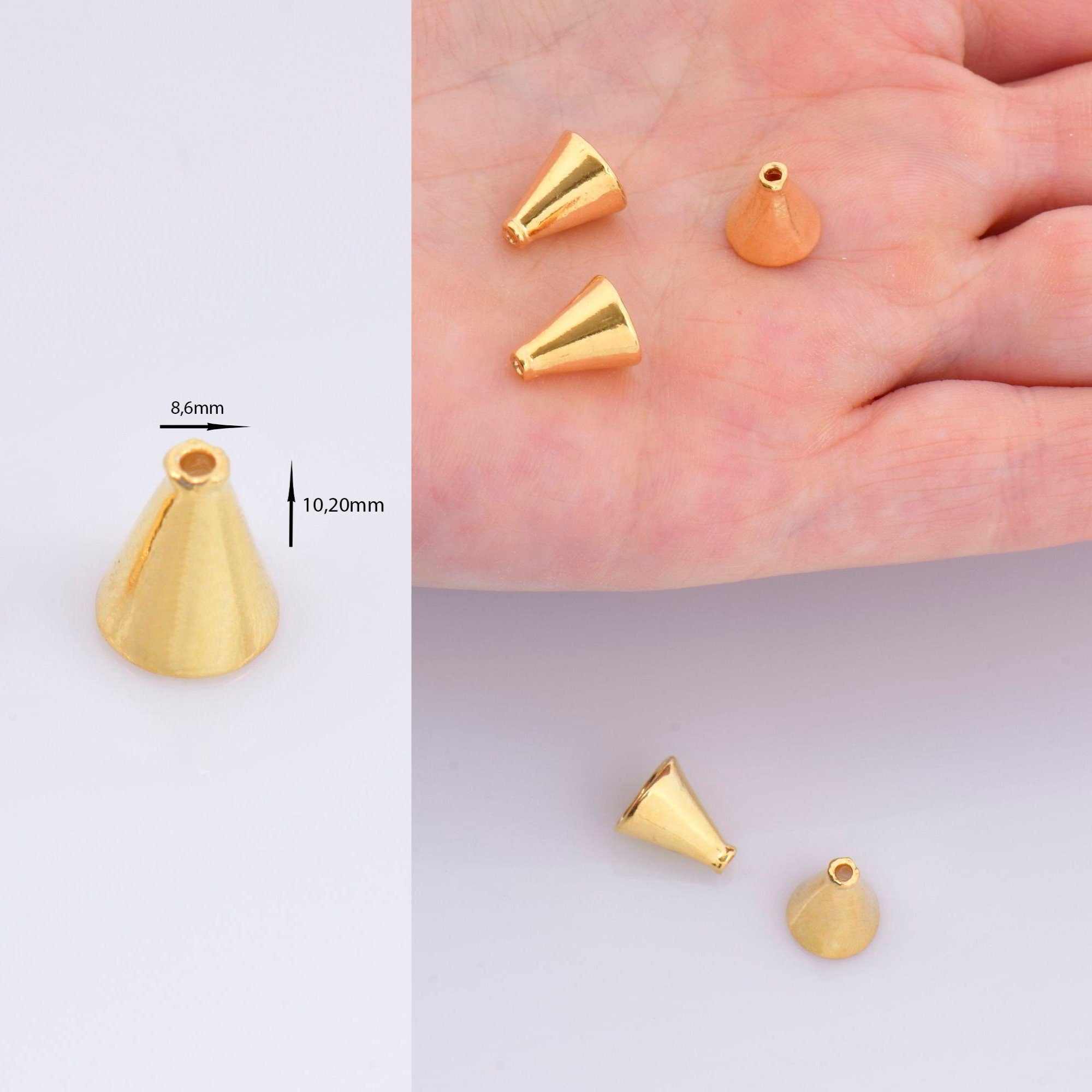 24K Gold Vermeil Cone Shape Beads, 24K Gold Plated Cone Bead Caps, 925 Solid Silver Plain Cone End Beads, Jewelry Making Supplies, VM28C