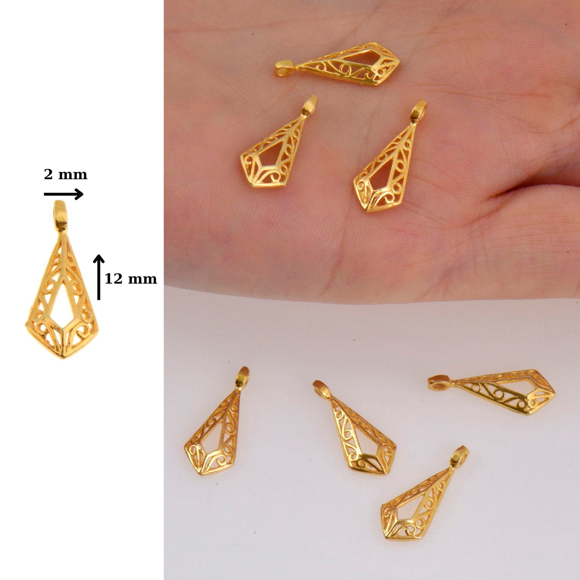 925 Sterling Silver &amp; 24K Gold Vermeil Filigree Dangle Charm, Rhombus Dangle Charm, Necklace Dangle Charm, Earrings Dangle Charm, S13V\S13