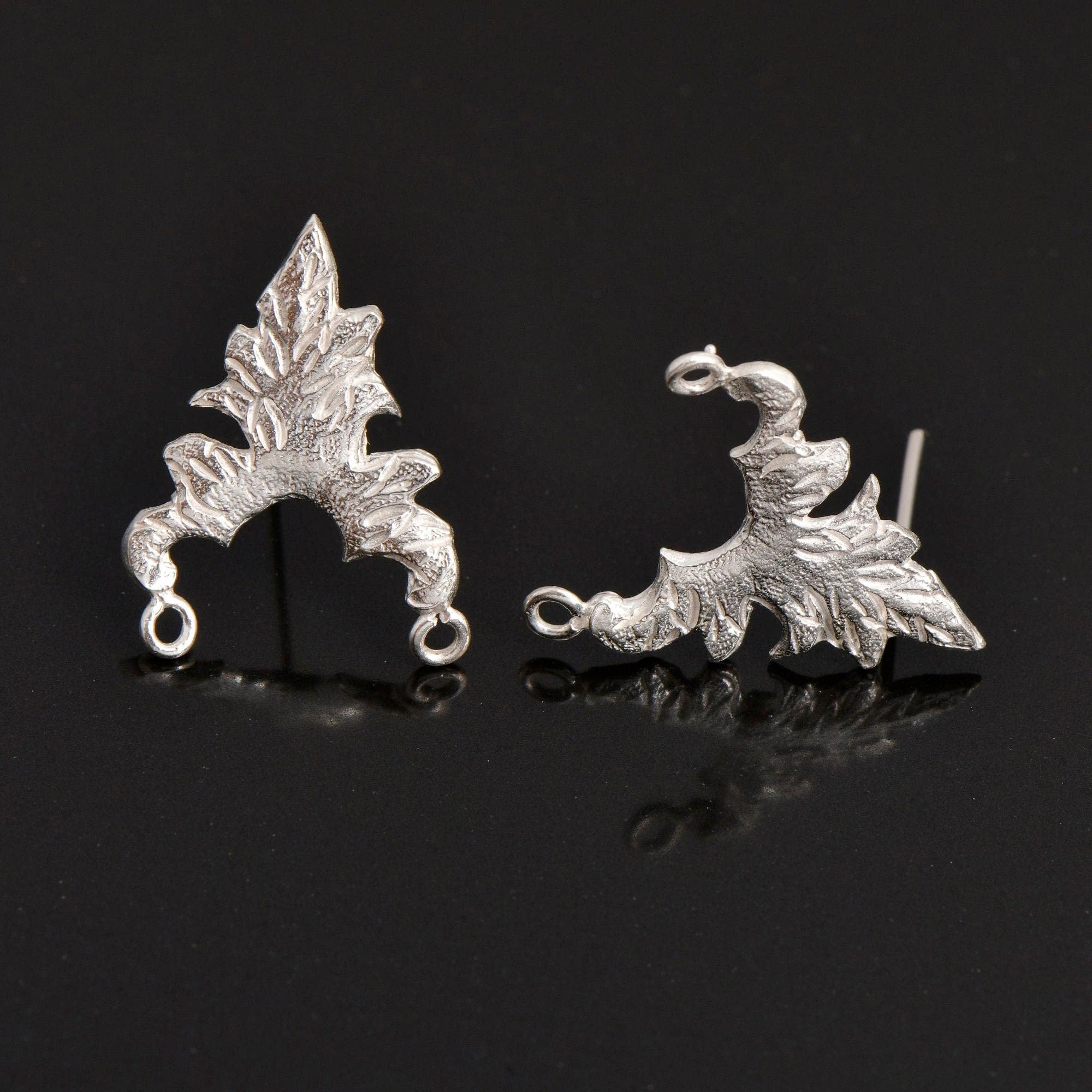 925 Silver Flower Earring Posts, Solid Silver Leaf Stud Earrings with Hoops, Earring Stud Components, Jewelry Making Findings, S42