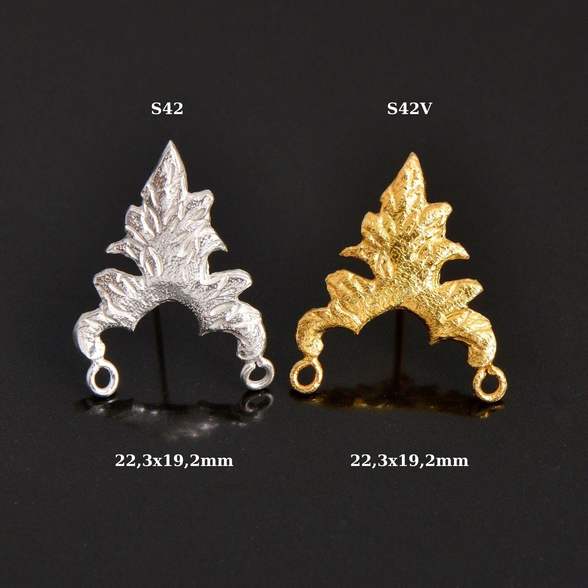 24K Gold Vermeil & 925 Silver Flower Earring Posts, Silver Leaf Stud Earrings with Hoops, Jewelry Making Findings, S42V/S42
