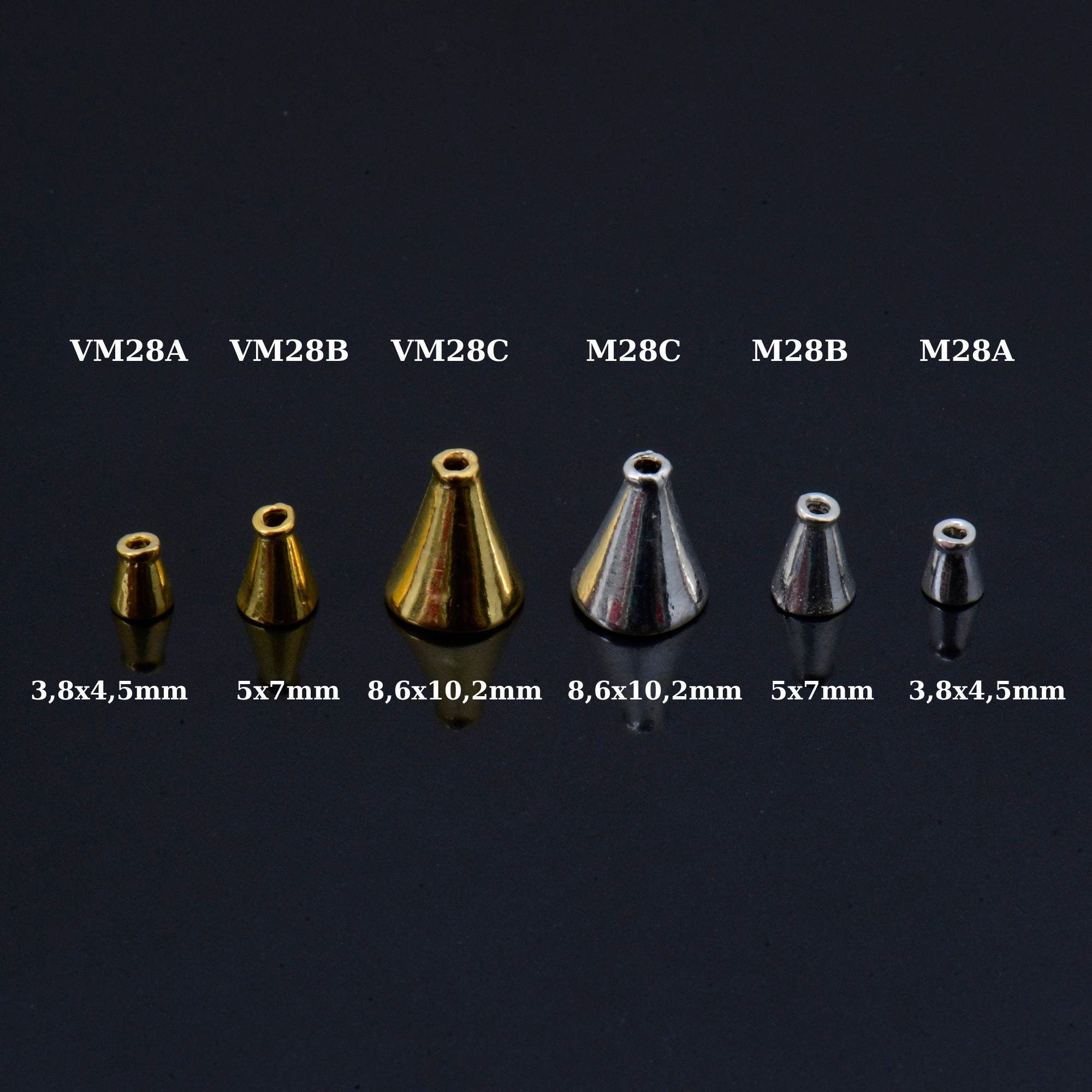24K Gold Vermeil and 925 Silver Cone Shape Beads, Plated Cone Bead Caps, Plain Cone End Beads, Jewelry Making Supplies, VM/M28A-C