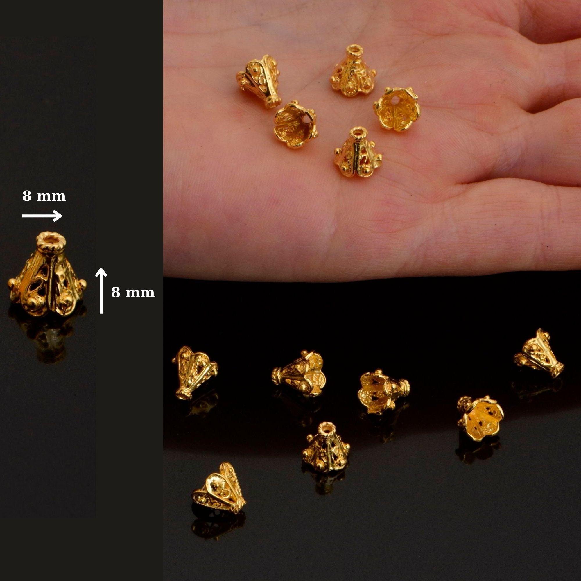 24K Gold Vermeil and 925 Silver Filigree Bead Caps, Handmade Bead Caps, Flower Bead Caps, Spacer Bead Caps, Jewelry Supplies, M/VM83