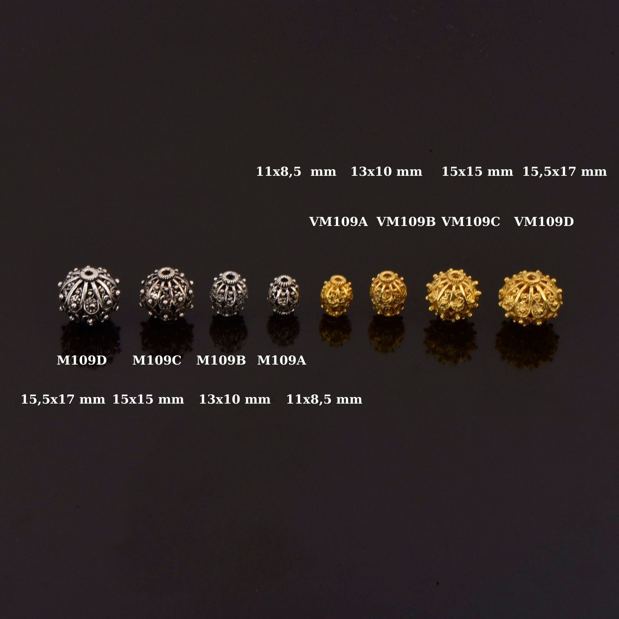 24K Gold Vermeil and 925 Silver Filigree Beads, Handmade Silver Beads in 24K Gold, Gold Beads, Spacer Beads, Jewelry Supply, M/VM109A-D