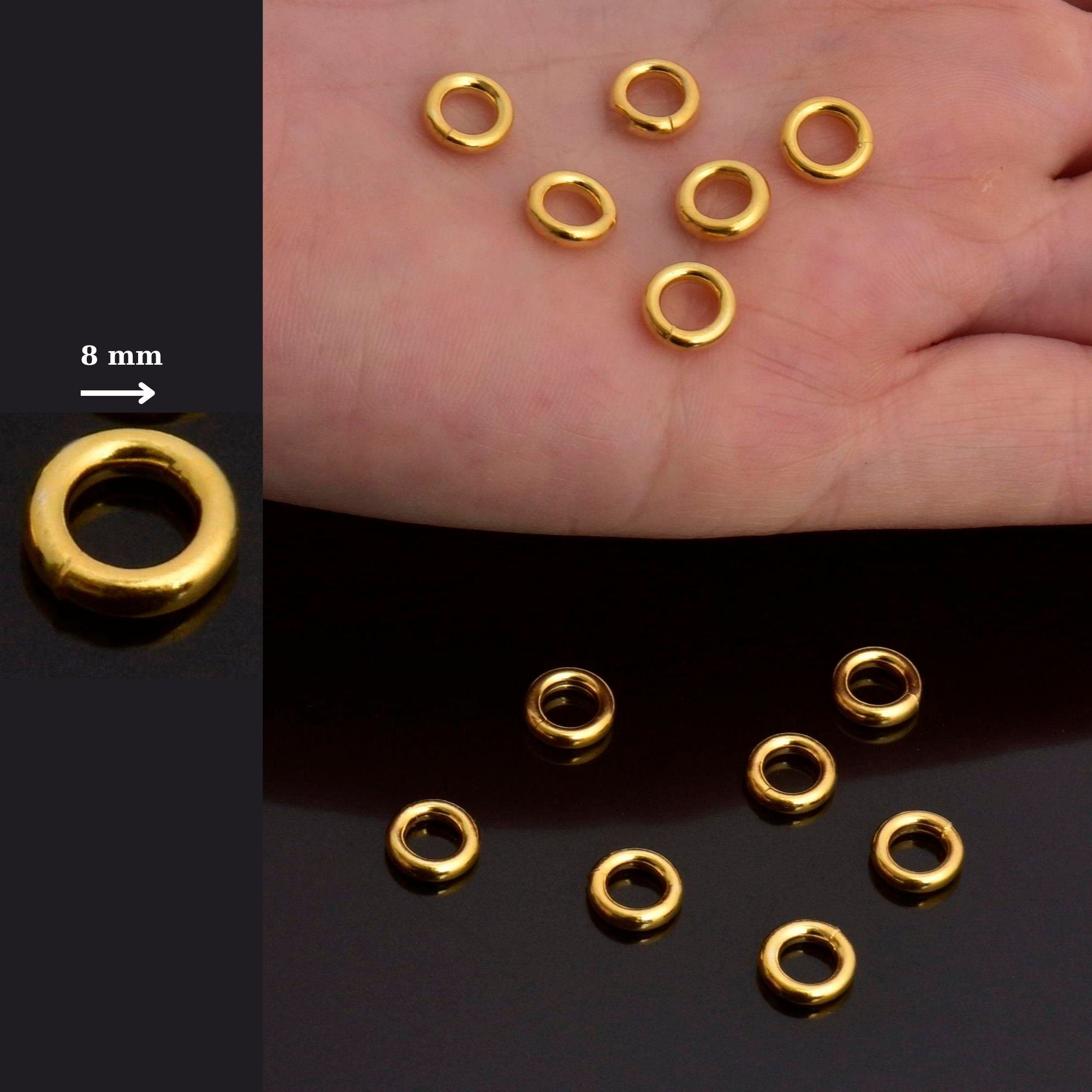 24K Gold Vermeil 8mm CLOSED Jump Rings, High Quality HOLLOW Jump Rings, 925 Sterling Silver Jump Rings, Jewelry Supplies, Findings, VM104A