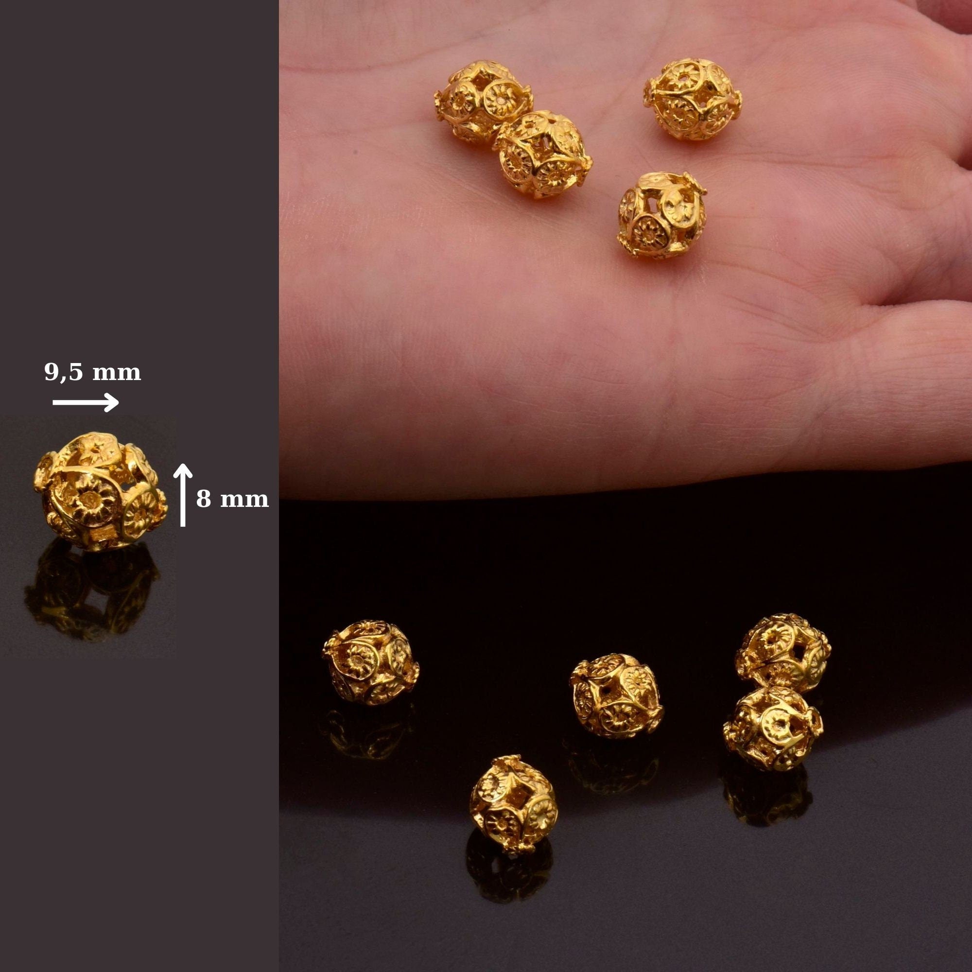24K Gold Vermeil and 925 Silver Filigree Beads, Handmade Silver Beads in Gold, Solid Silver Beads, Spacer Beads, Jewelry Supply, M/VM116