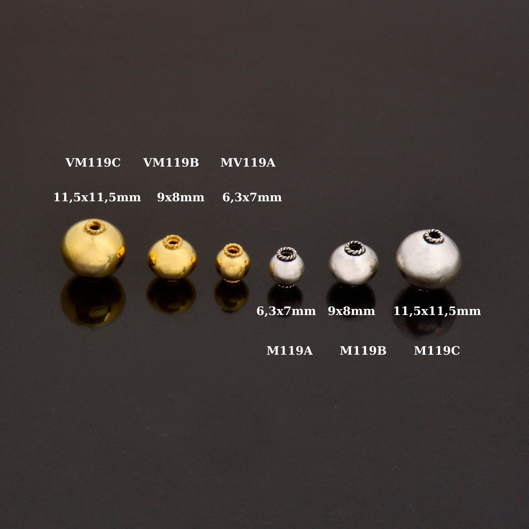 24K Gold Vermeil & 925 Silver Round Beads, Handmade Silver Beads inGold , Solid Silver Beads, Handmade Beads, Jewelry Supply, M/VM119 A-C