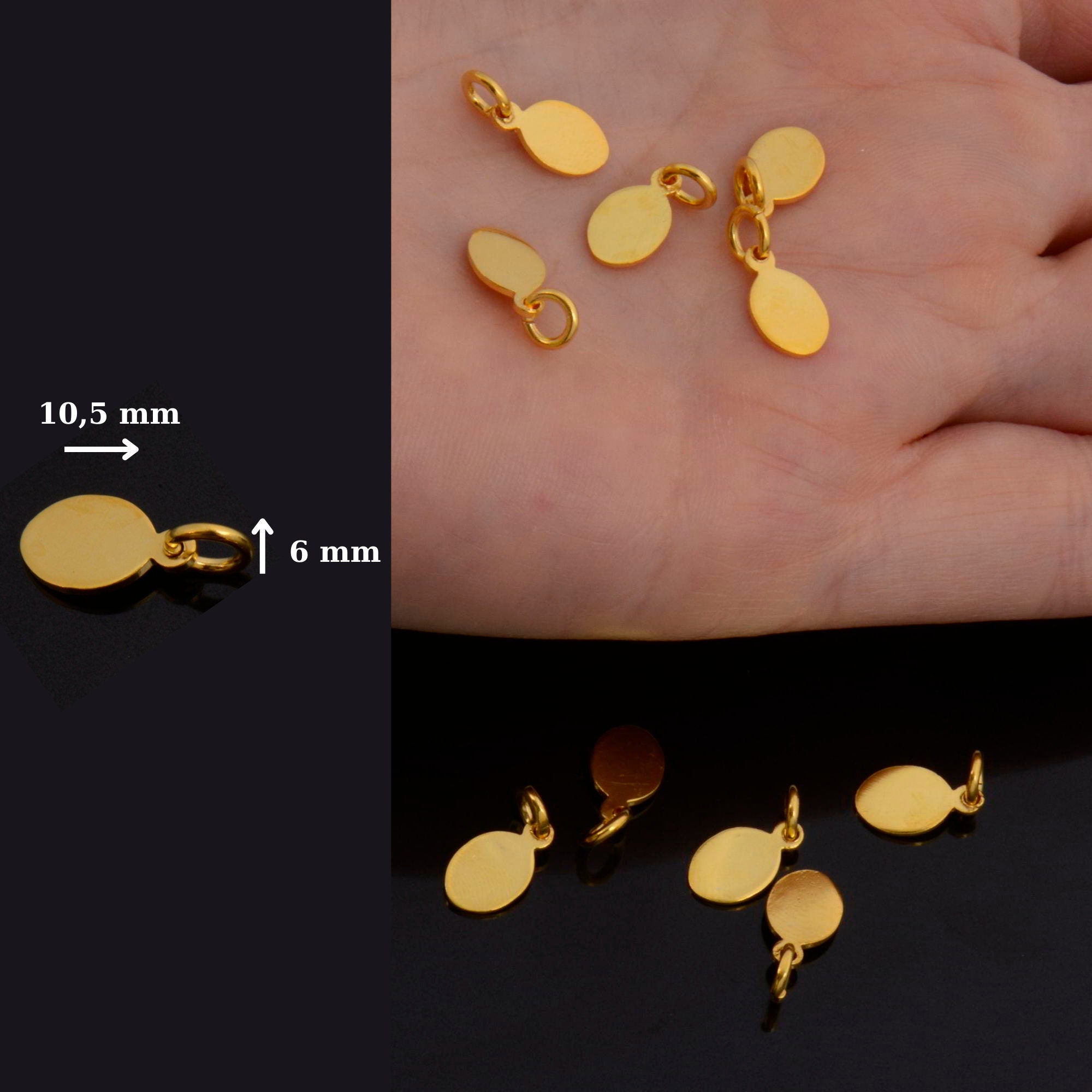 24K Gold Oval Blank Tags, Gold Plated 925 Tag Charms, Gold on Ag 925 Oval Blank name Tag Charm For Jewelry Making, S64V