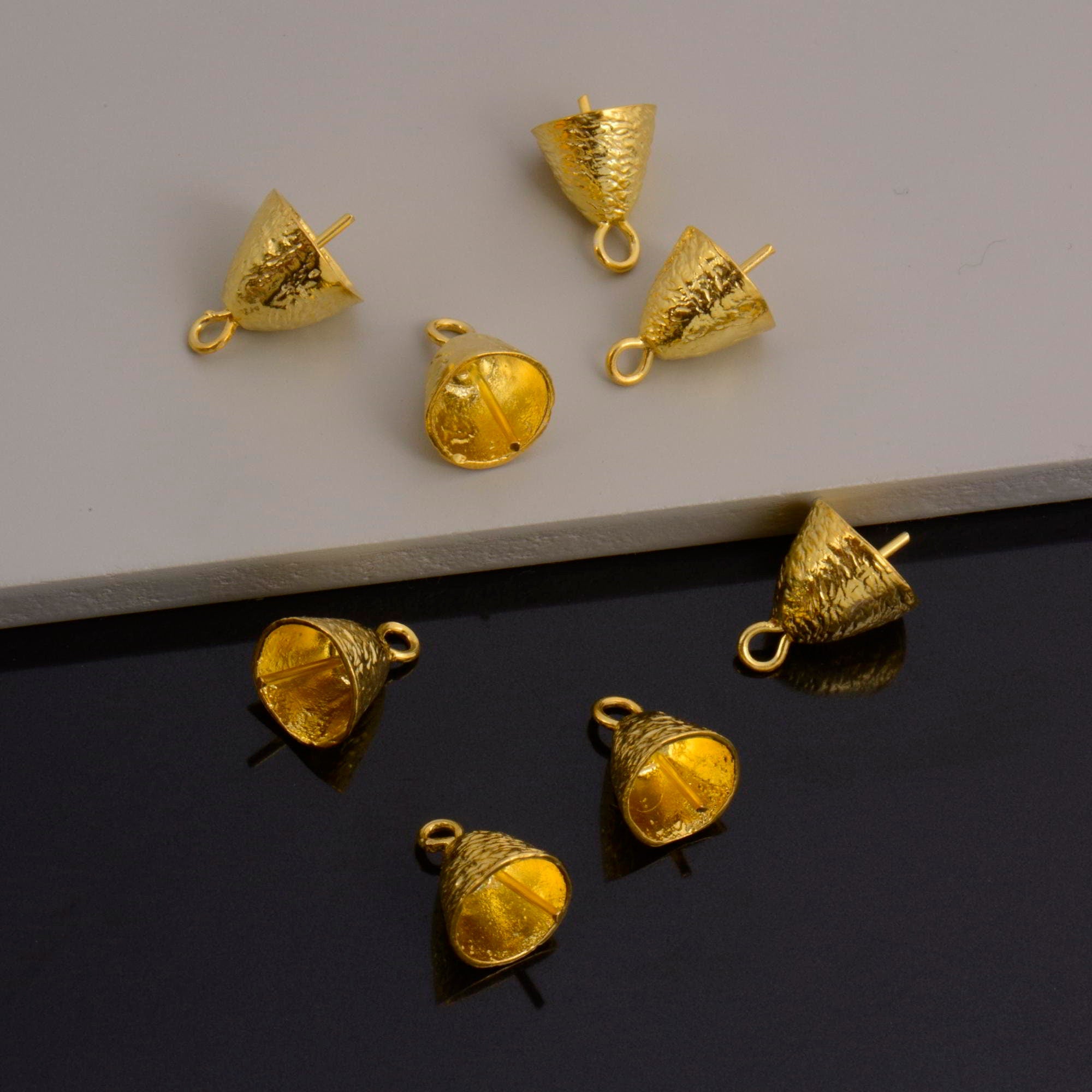 24K Gold Vermeil & 925 Silver Peg Bail Handmade Bead Caps for Half Drilled Beads, Silver Bead Caps in Gold, Jewelry Supplies, S67/S67V