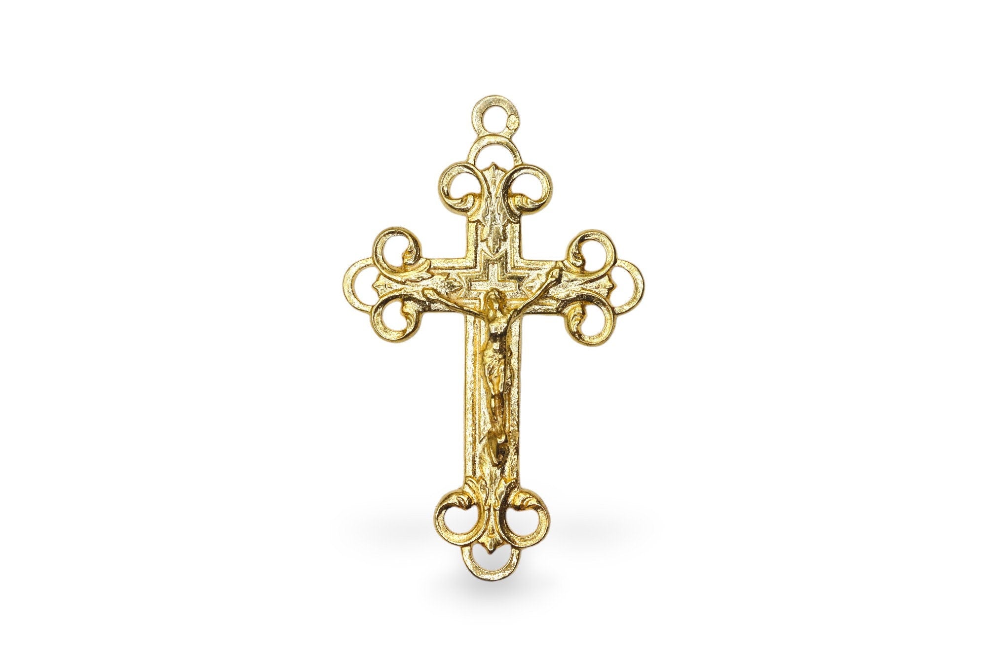 925 Sterling Silver & 24K Gold Vermeil Open Work Art Nouveau Crucifix, Cross Pendant, Jewelry Making Supply, R2P-RV2P