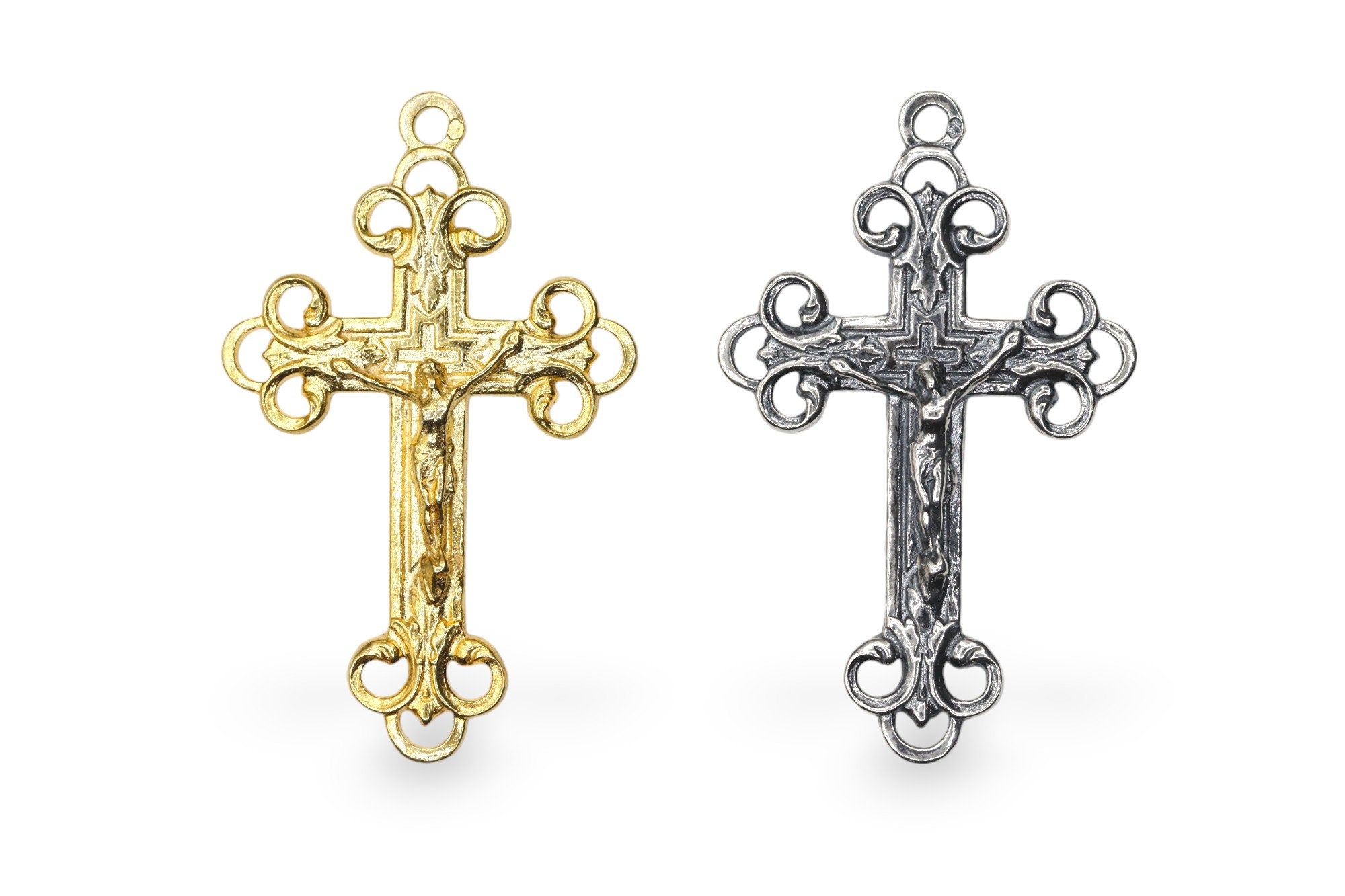 925 Sterling Silver & 24K Gold Vermeil Open Work Art Nouveau Crucifix, Cross Pendant, Jewelry Making Supply, R2P-RV2P