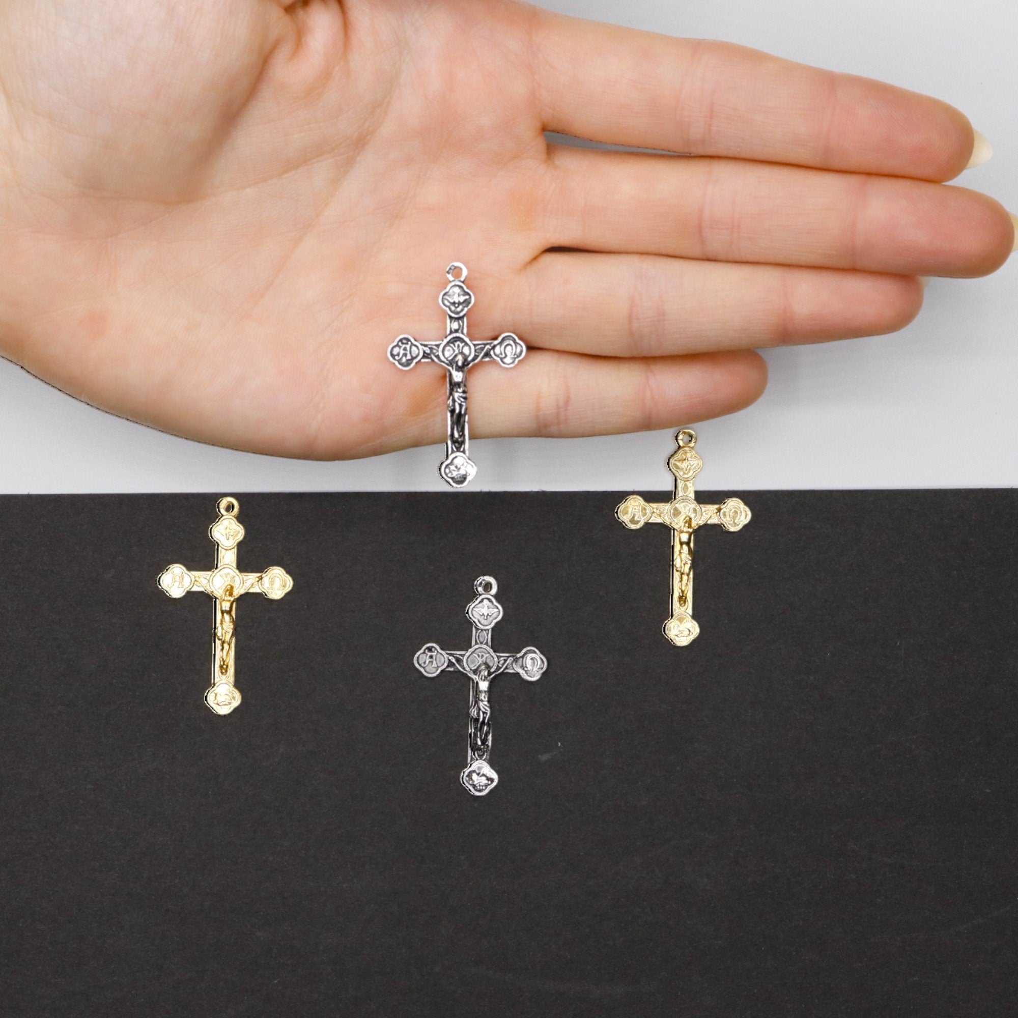 925 Sterling Silver and 24K Gold Vermeil Alpha & Omega, Holy Spirit, Agnus Dei Crucifix, Rosary Cross, Jewelry Making Supply, R4-RV4
