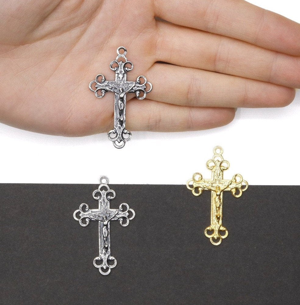 925 Sterling Silver & 24K Gold Vermeil Open Work Art Nouveau Crucifix, Cross Pendant, Jewelry Making Supply, R2P-RV2P
