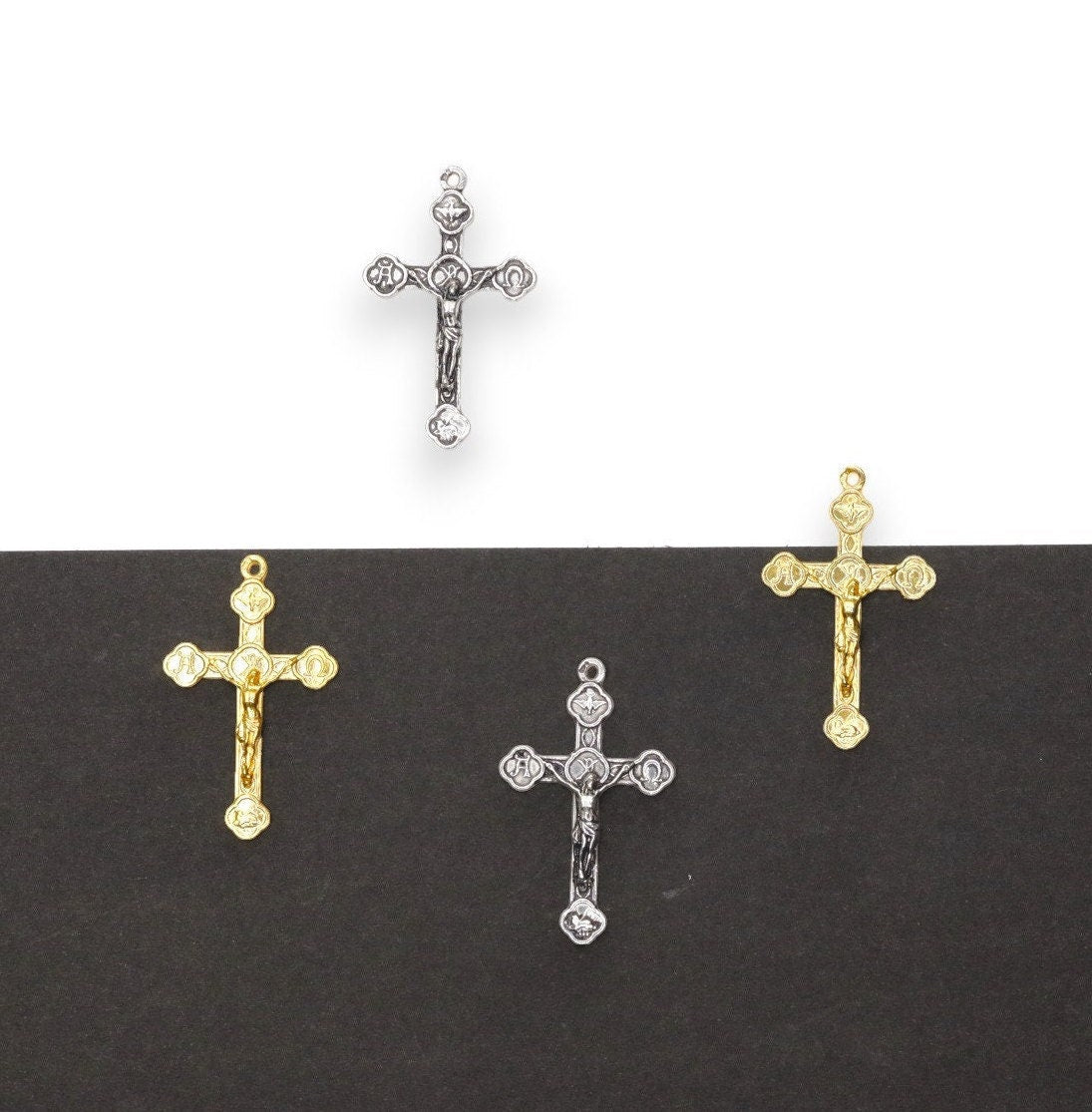 925 Sterling Silver and 24K Gold Vermeil Alpha & Omega, Holy Spirit, Agnus Dei Crucifix, Rosary Cross, Jewelry Making Supply, R4-RV4