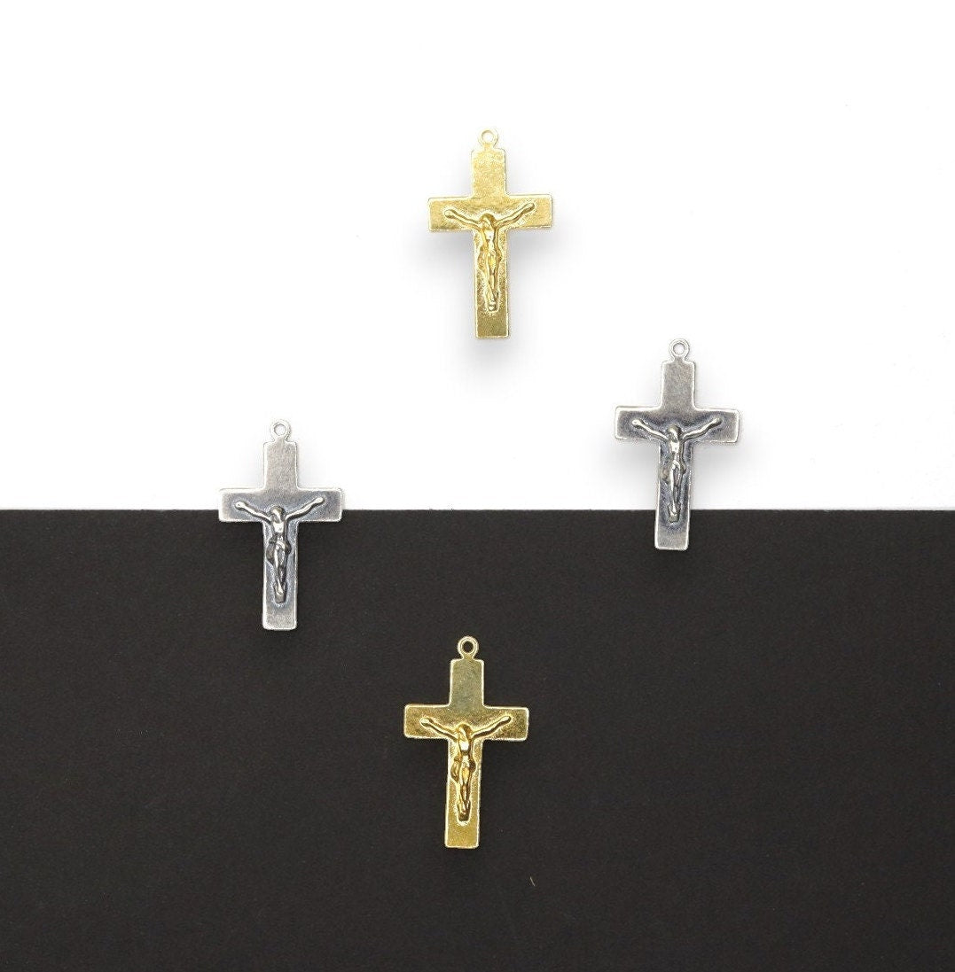925 Sterling Silver & 24K Gold Vermeil Plain Sober, Striated Crucifix, Pendant, Jewelry Making Supply, R11P-RV11P