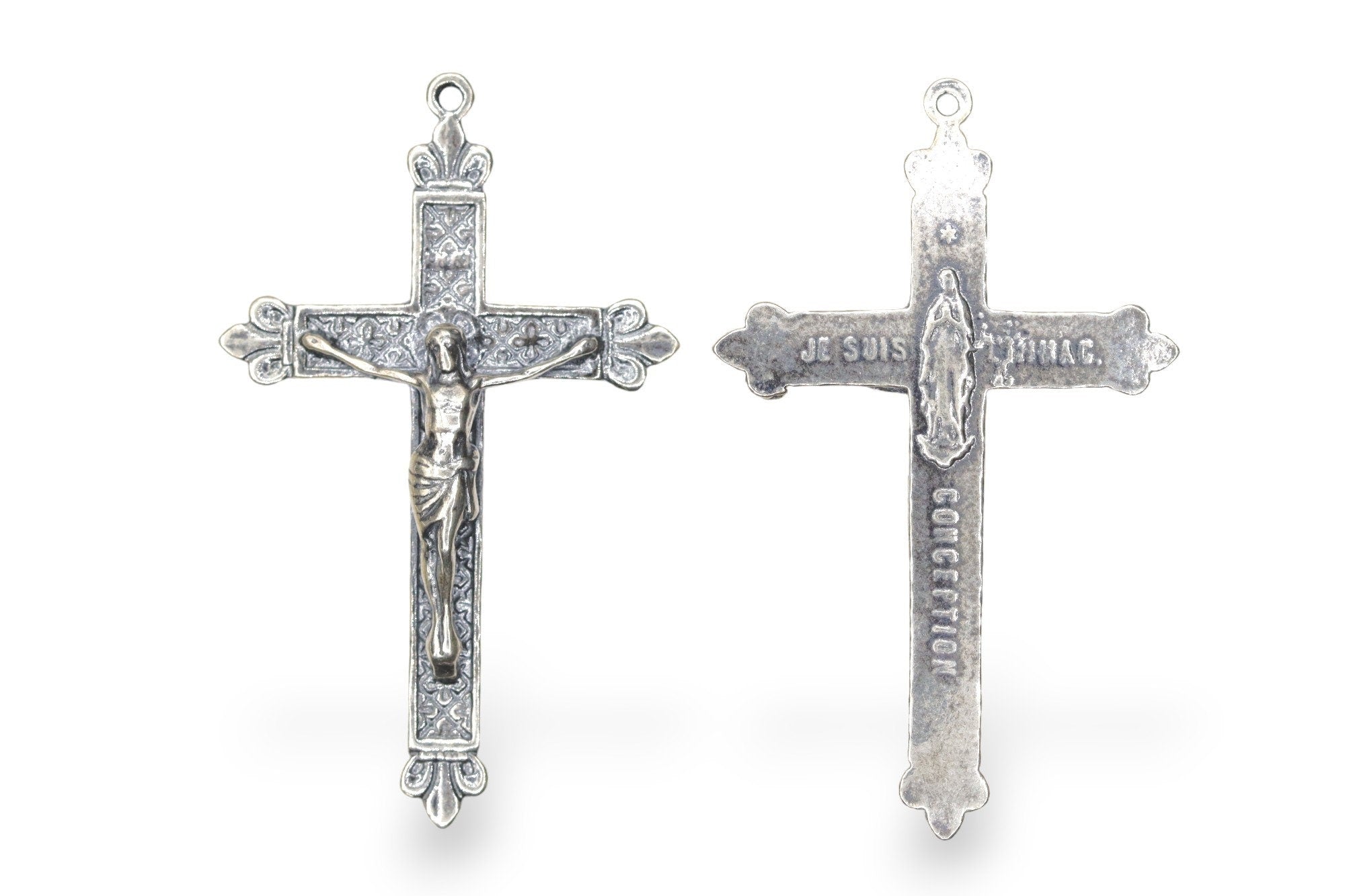 925 Sterling Silver & 24K Gold Vermeil Immaculate Conception Crucifix with Fleur de Lys, 2 sided Pendant, Jewelry Supply, R12P-RV12P