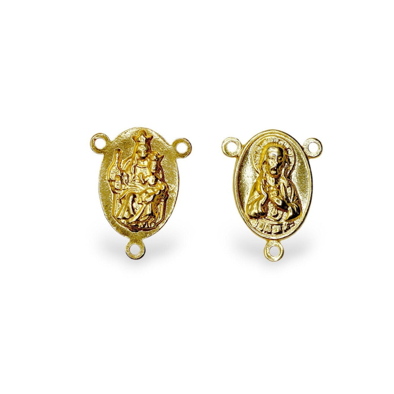925 Sterling Silver & 24K Gold Vermeil Two Sided Rosary Center: Sacred Heart of Jesus And Apparition of Fatima, Jewelry Supply, R18-RV18