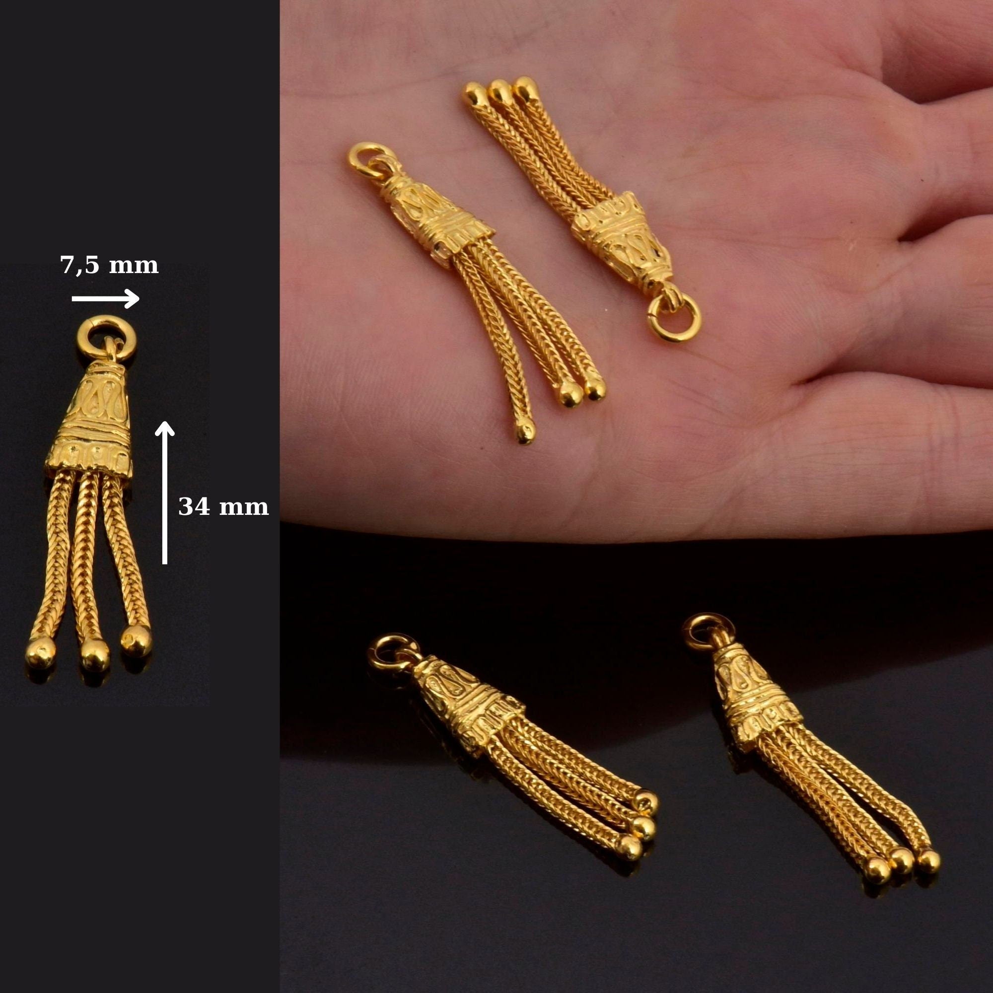 24K Gold Vermeil Small Tassels, Handmade Silver Tassels in Gold, 925 Solid Silver Tassels, Pendants Tassels, Jewelry Supply, VM106