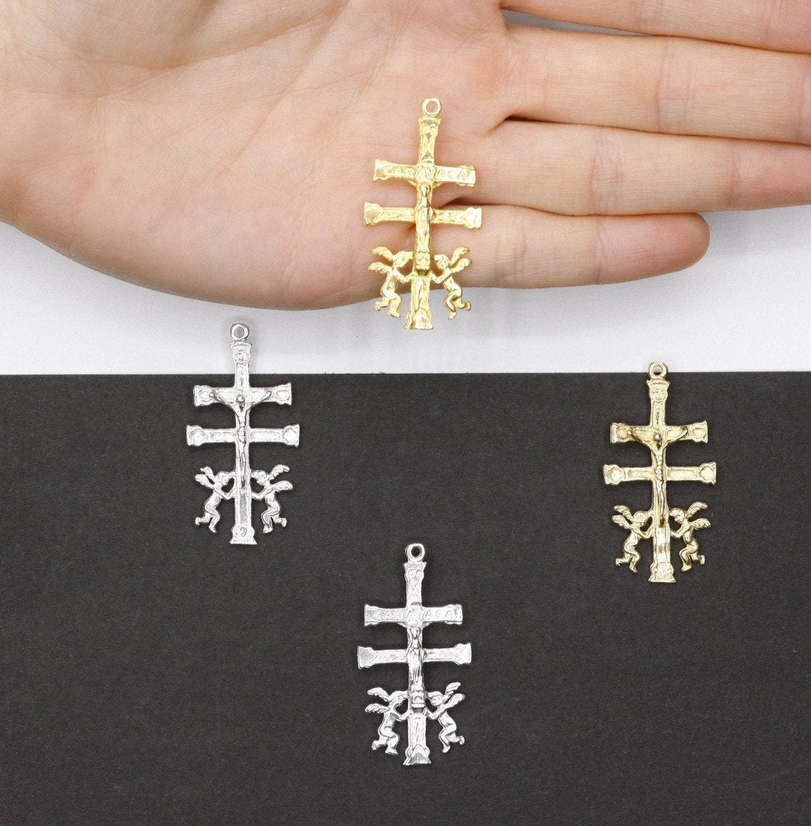 925 Sterling Silver & 24K Gold Vermeil Caravaca Cross, Pendant 2 sided, Jewelry Making Supply, R3P-RV3P