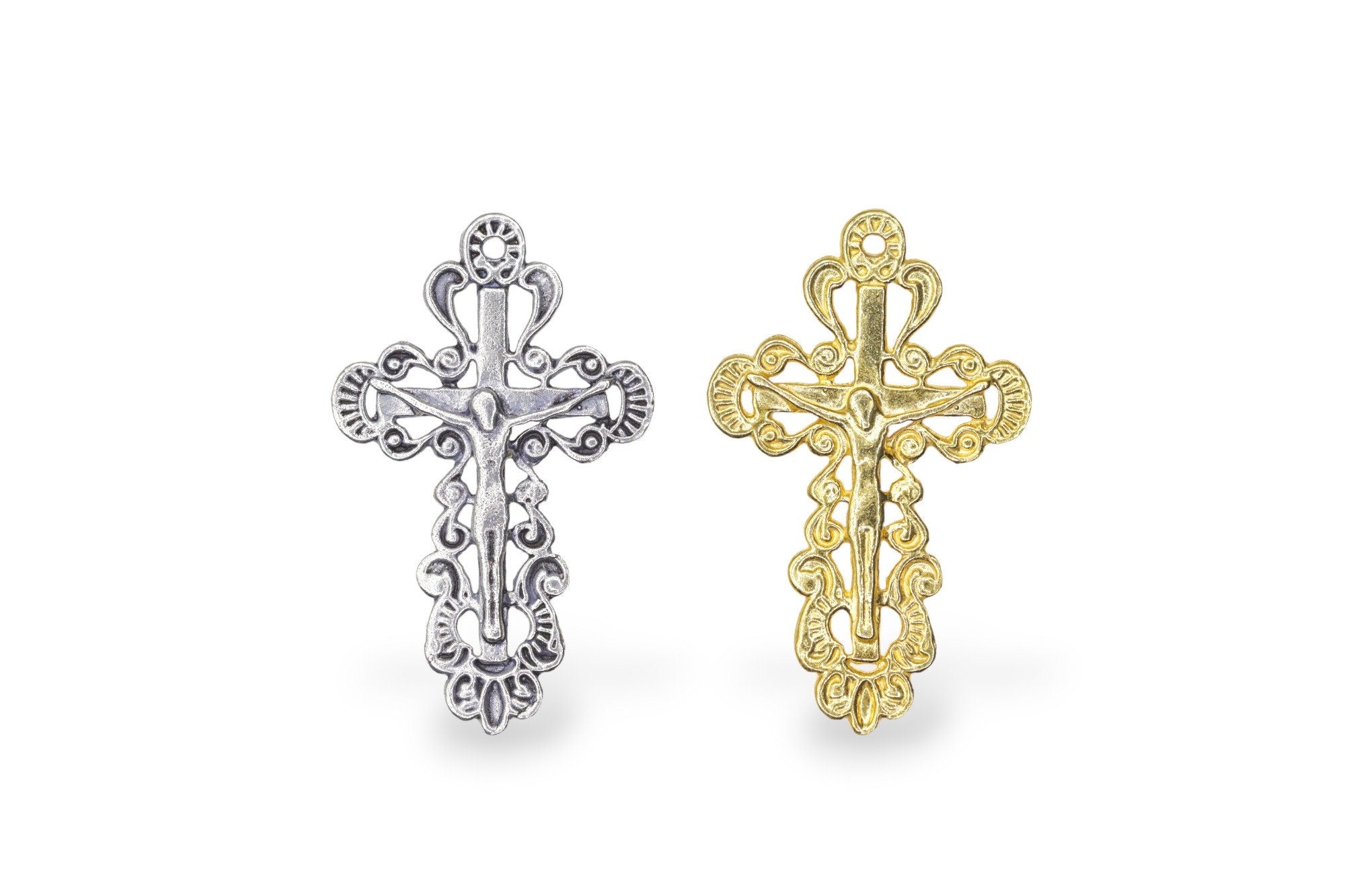 925 Sterling Silver & 24K Gold Vermeil Ornate, Open Work Greek Style Crucifix, Pendant, Jewelry Making Supply, R7P-RV7P
