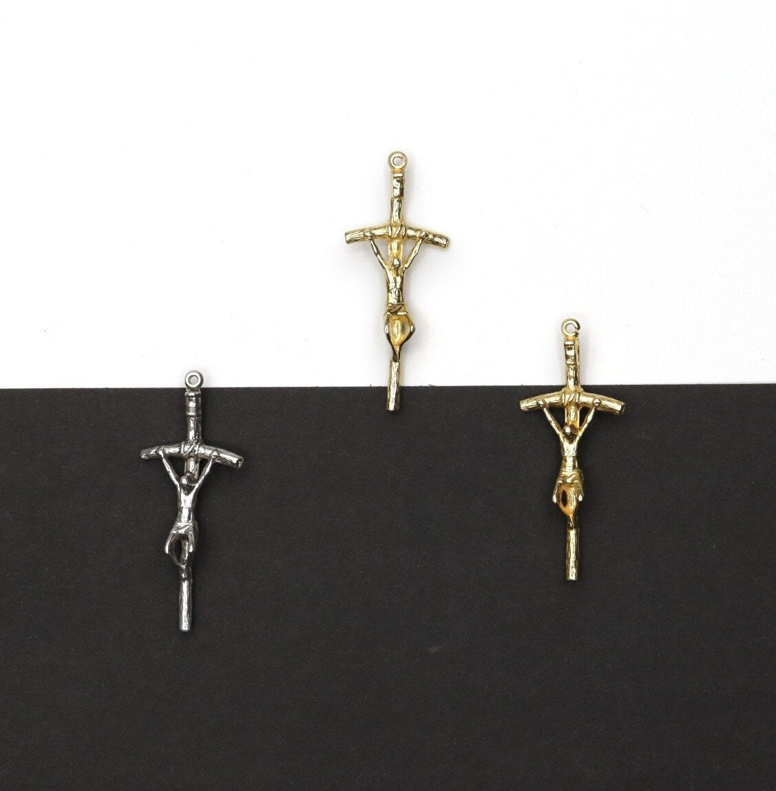 925 Sterling Silver & 24K Gold Vermeil Small Sized Pope John Paul 2 Crucifix, Cross, Pendant, Jewelry Making Supply, R9b-RV9b