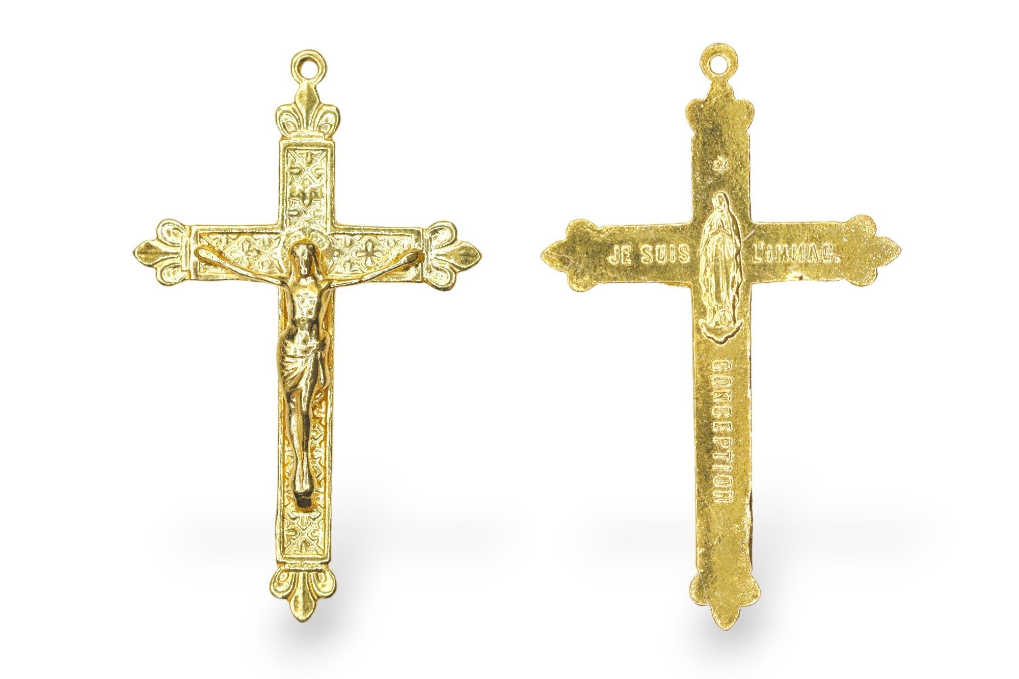 925 Sterling Silver & 24K Gold Vermeil Immaculate Conception Crucifix with Fleur de Lys, 2 sided Pendant, Jewelry Supply, R12P-RV12P