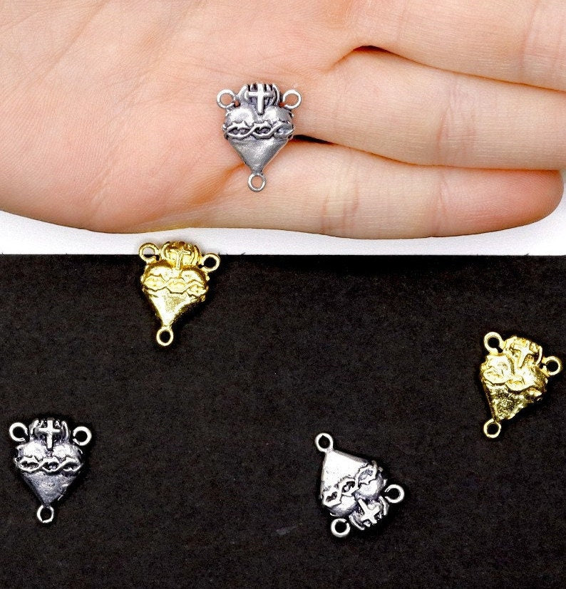 925 Sterling Silver & 24K Gold Vermeil double sided sacred heart and crown of thorns Rosary Center, Jewelry Supply, R26-RV26