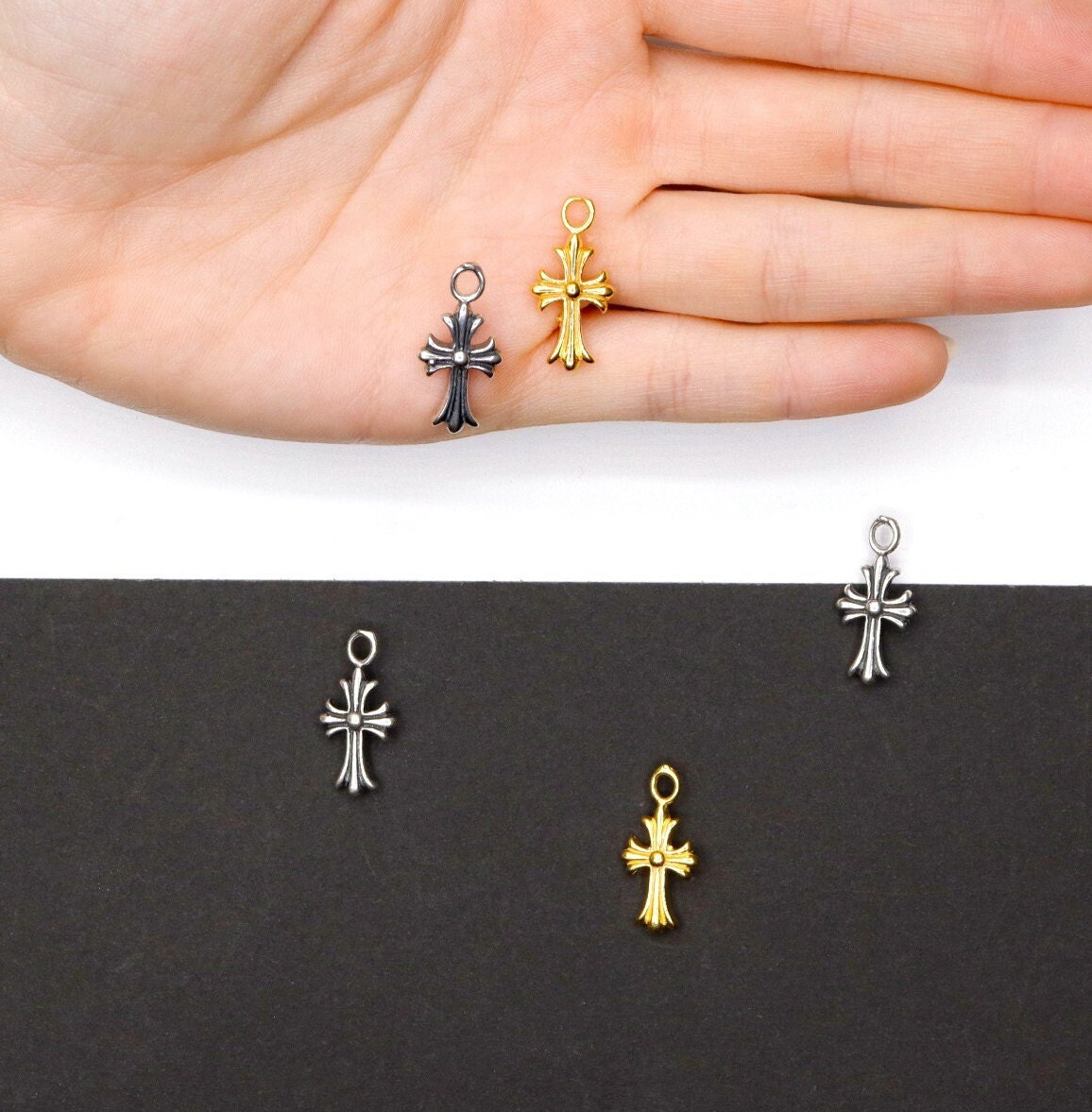 925 Sterling Silver & 24K Gold Vermeil Small Striated Cross Pendant, Crucifix Pendant, Jewelry Supply, R13P-RV13P