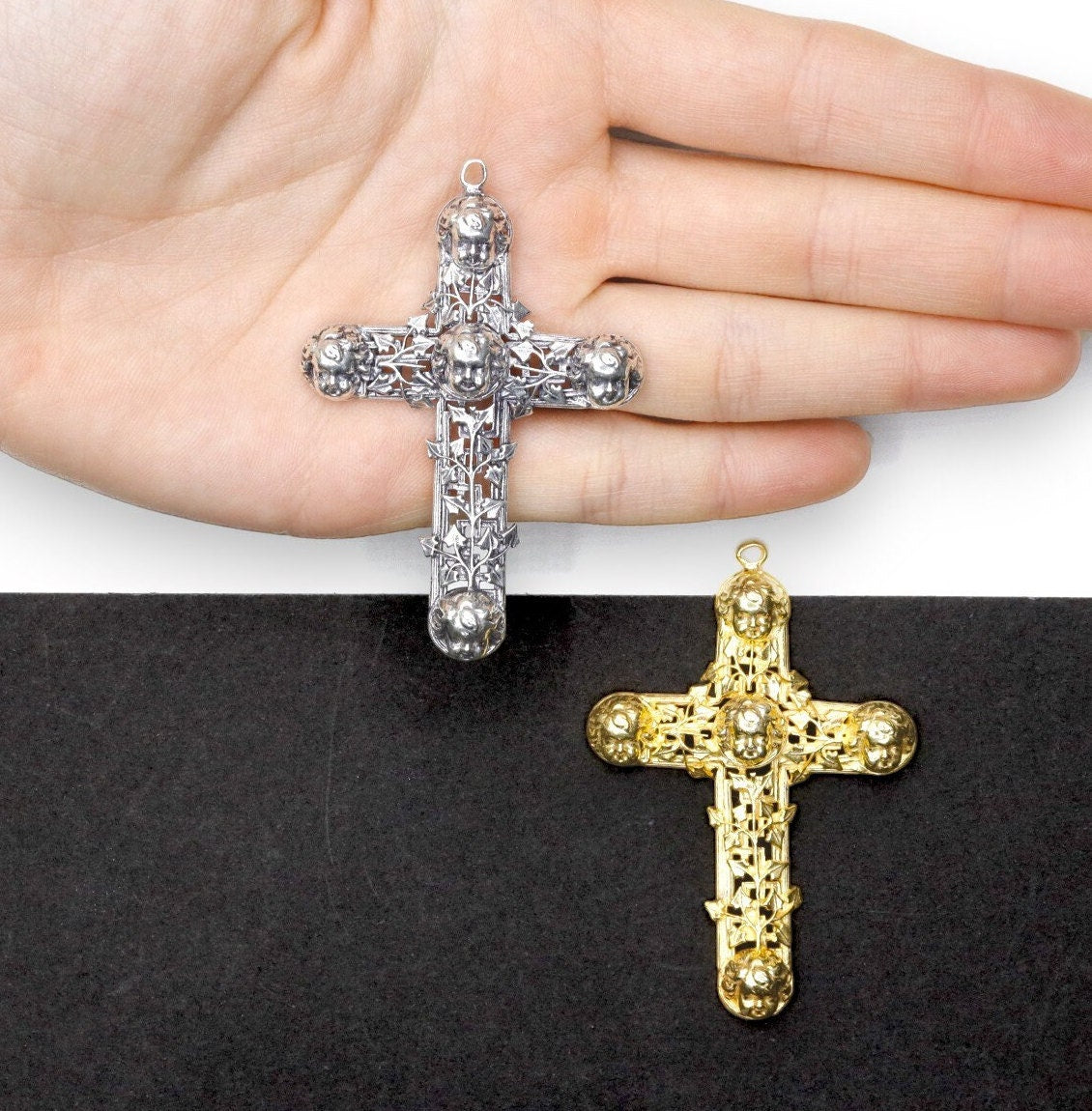 Large 925 Sterling Silver & 24K Gold Vermeil Filigree Angel Head Cross, Pectoral Pendant – Art Nouveau – Rare, Jewelry Supply, R14-RV14