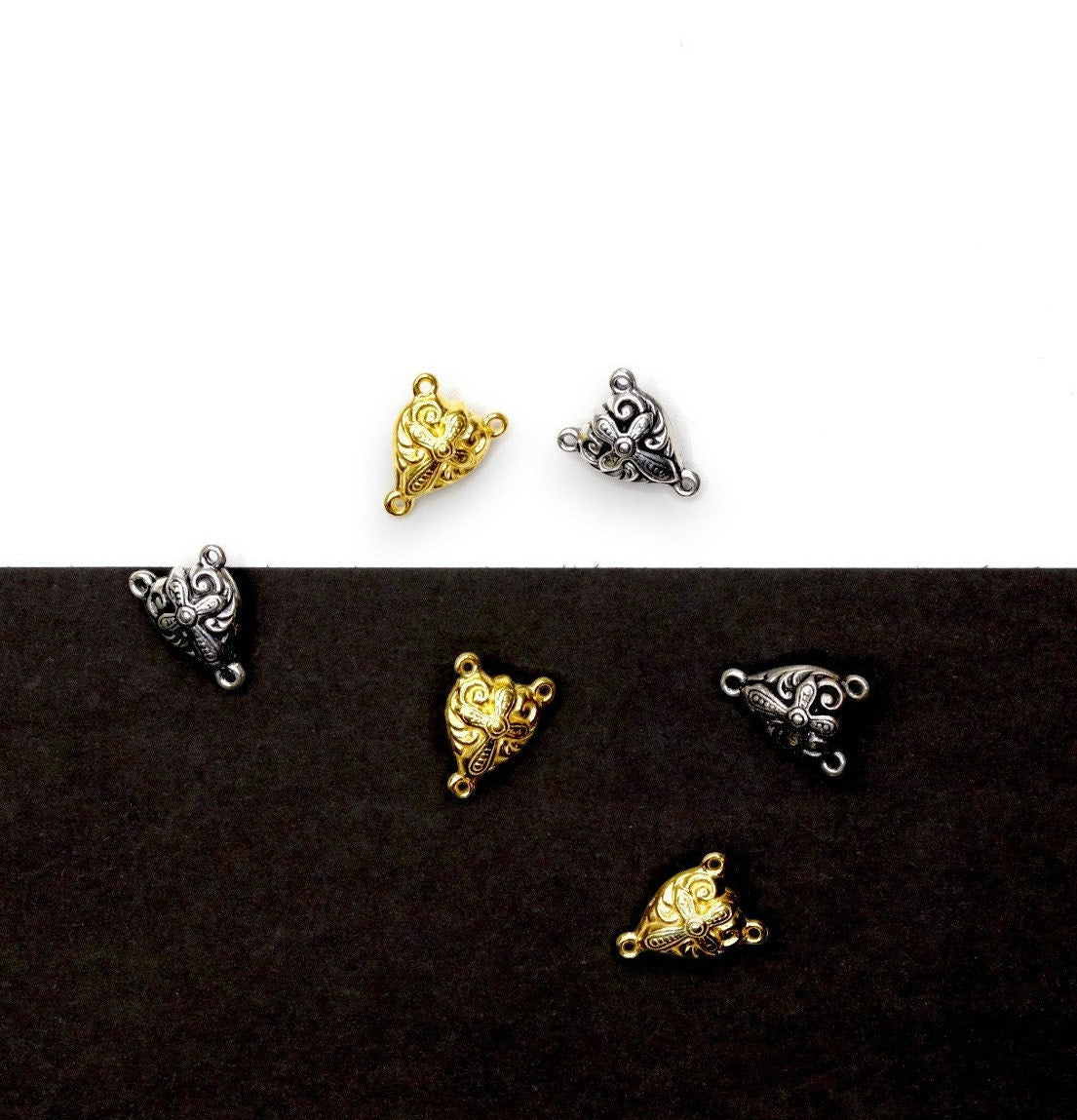 925 Sterling Silver & 24K Gold Vermeil Rosary Center, Double Sided Puff Heart Heavy Rosary Center, Jewelry Supply R25-RV25